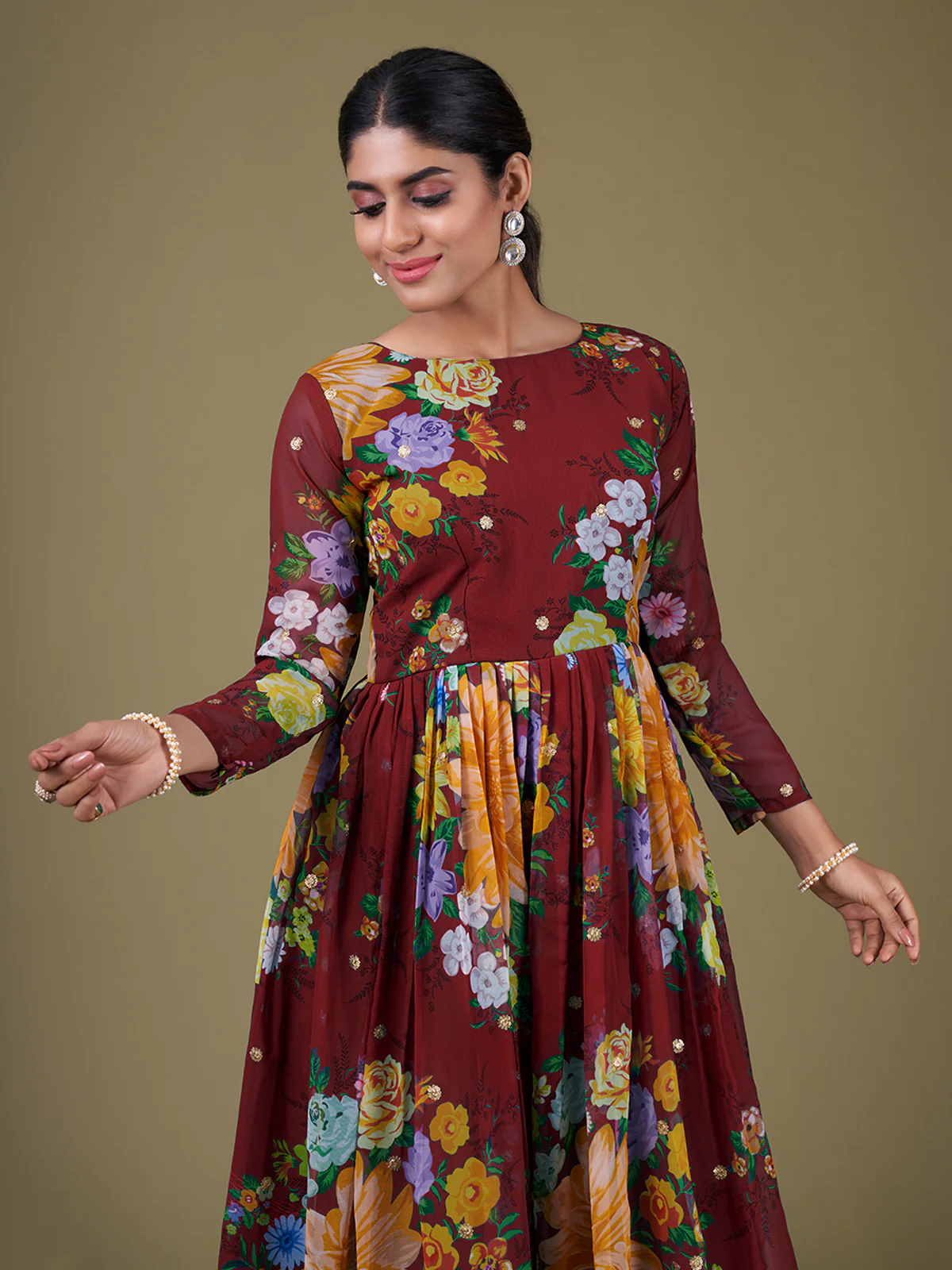 Odette Maroon Faux Georgette Printed Semi Stitched Anarkali Kurta Set For Women - Image 4