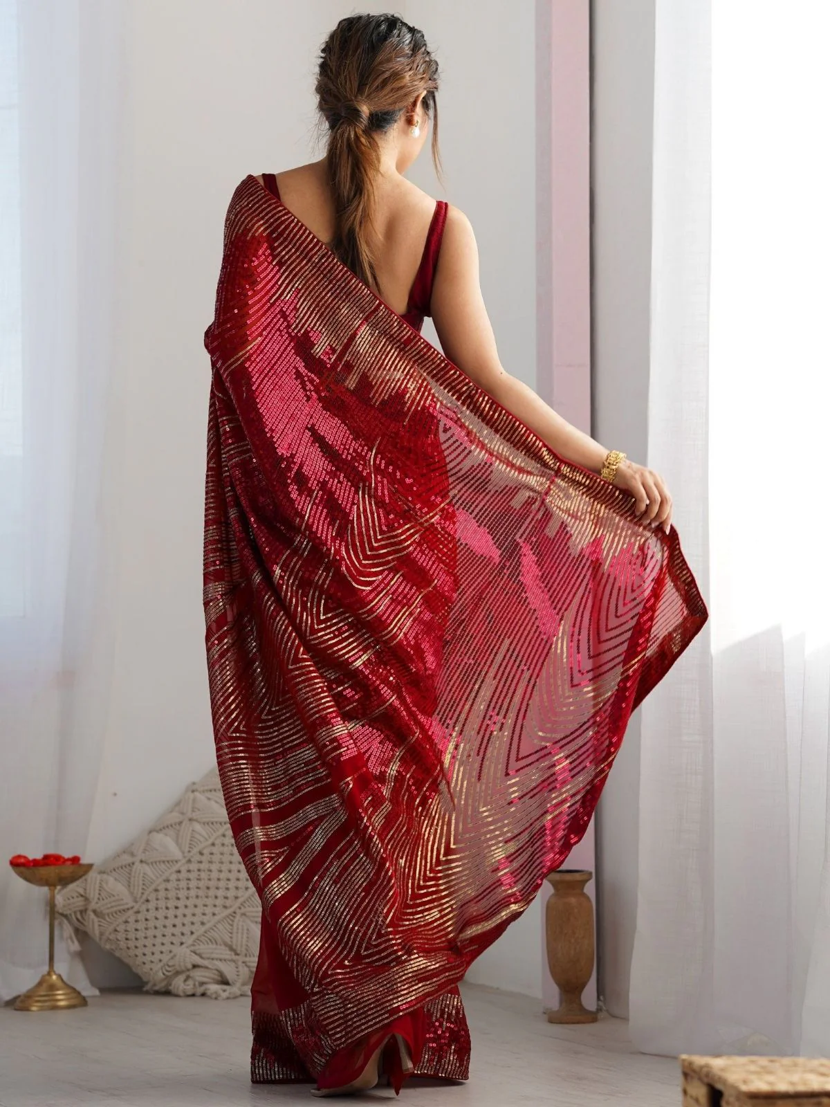 Odette Maroon Georgette Embellished Solid Saree For Women - Image 2
