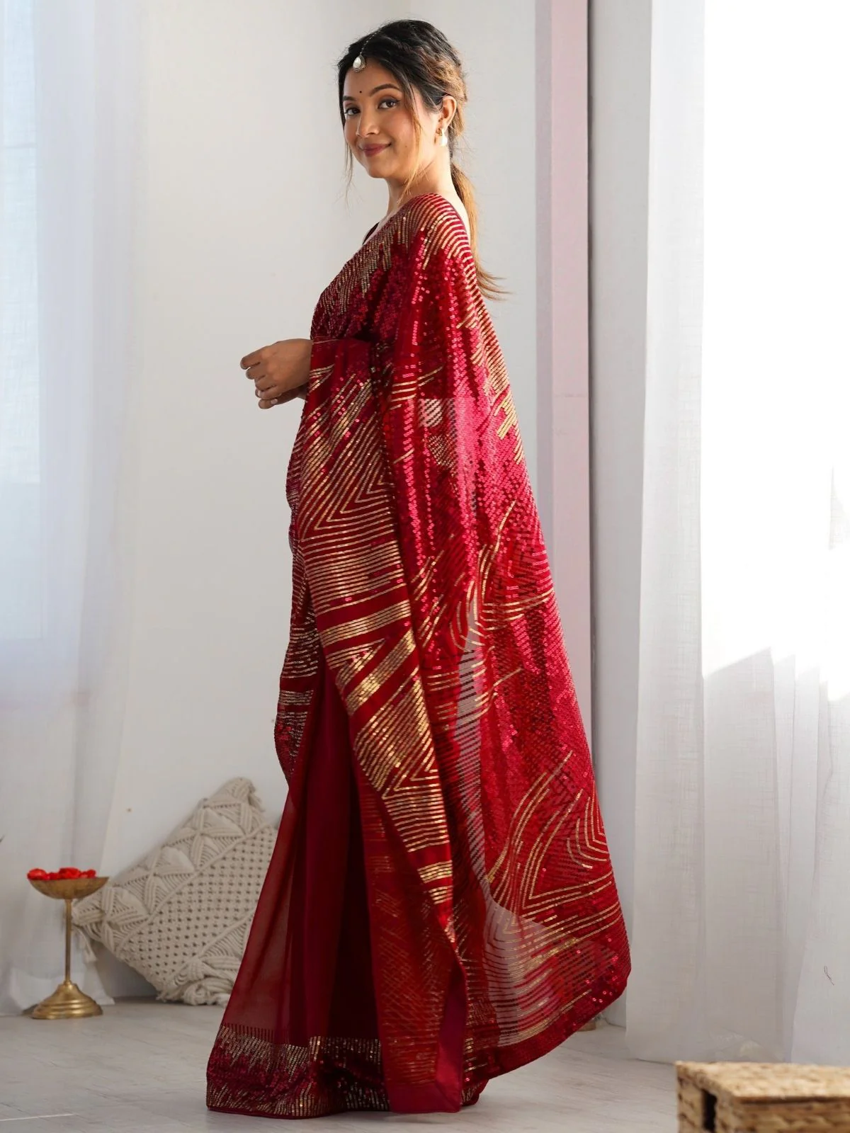Odette Maroon Georgette Embellished Solid Saree For Women - Image 3