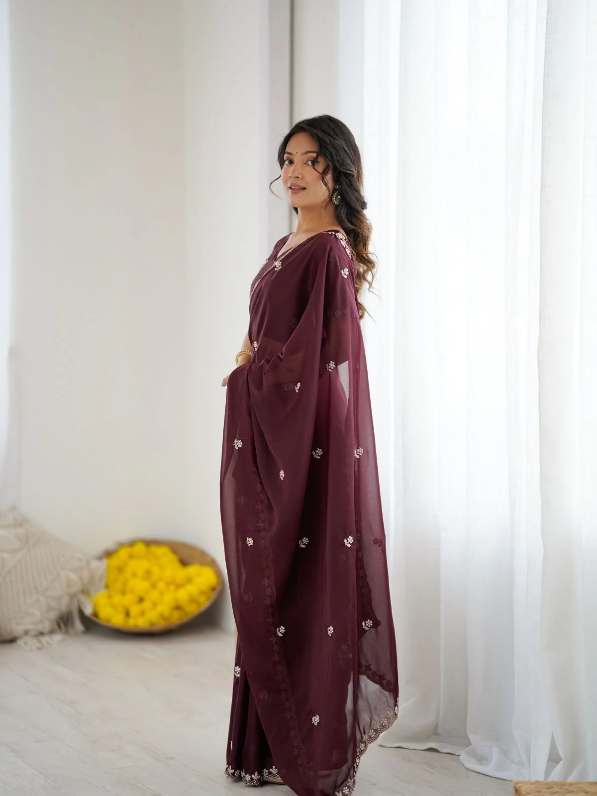 Odette Maroon Georgette Embroidered Saree For Women - Image 2
