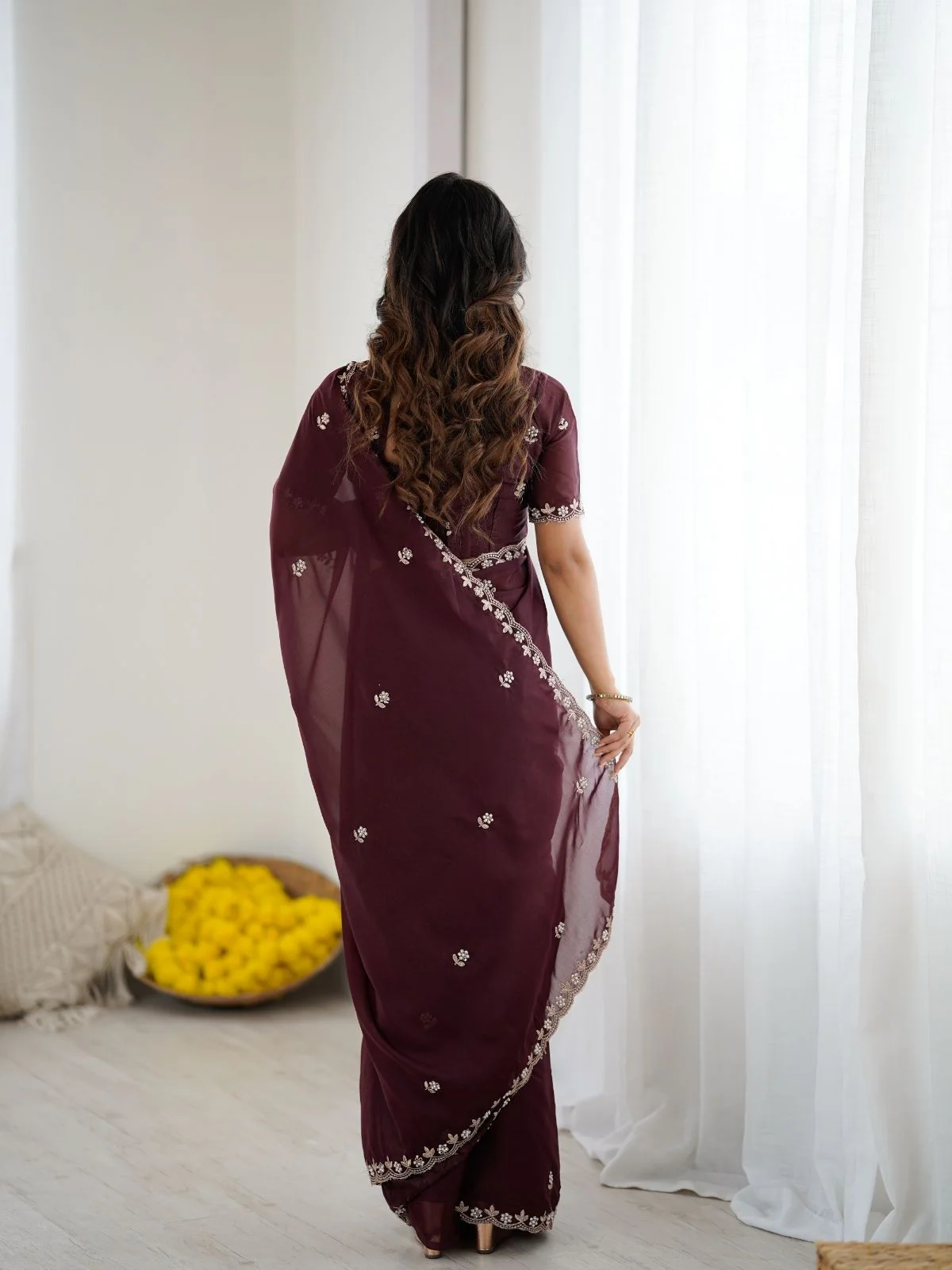 Odette Maroon Georgette Embroidered Saree For Women - Image 3