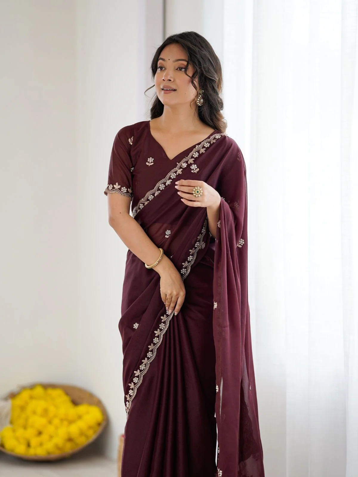 Odette Maroon Georgette Embroidered Saree For Women - Image 4
