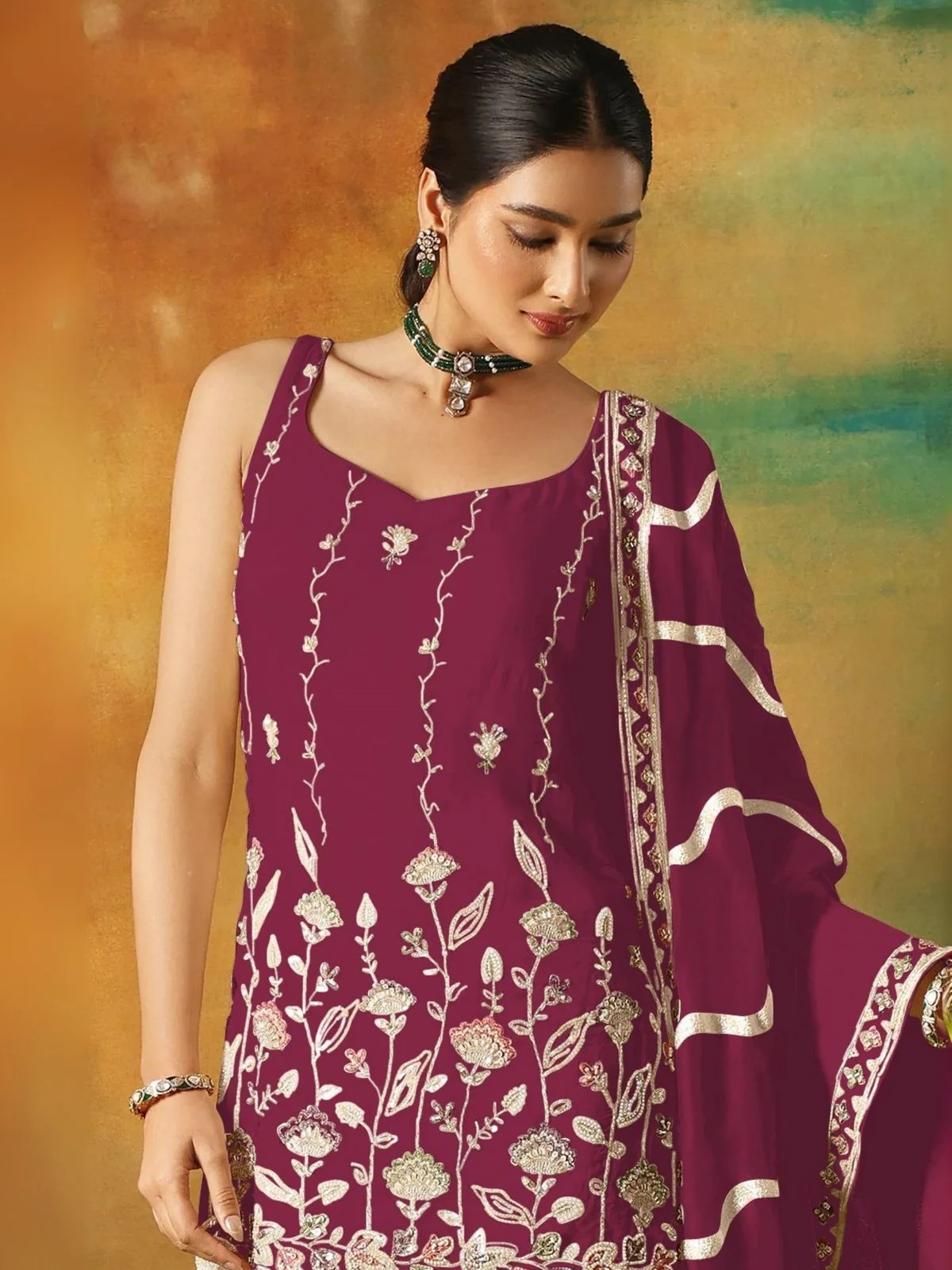Odette Maroon Georgette Embroidered Semi-Sitched Kurta Set For Women - Image 2