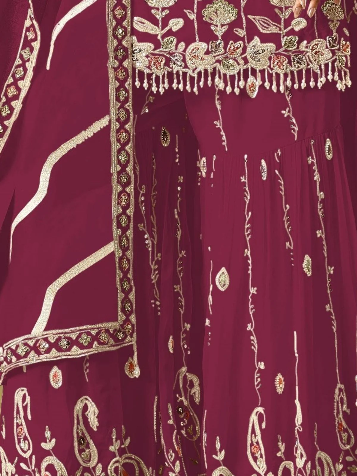 Odette Maroon Georgette Embroidered Semi-Sitched Kurta Set For Women - Image 3