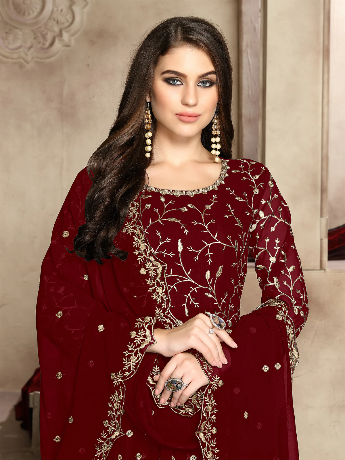 Odette Maroon Georgette Embroidered Semi stitched Kurta Set For Women - Image 2