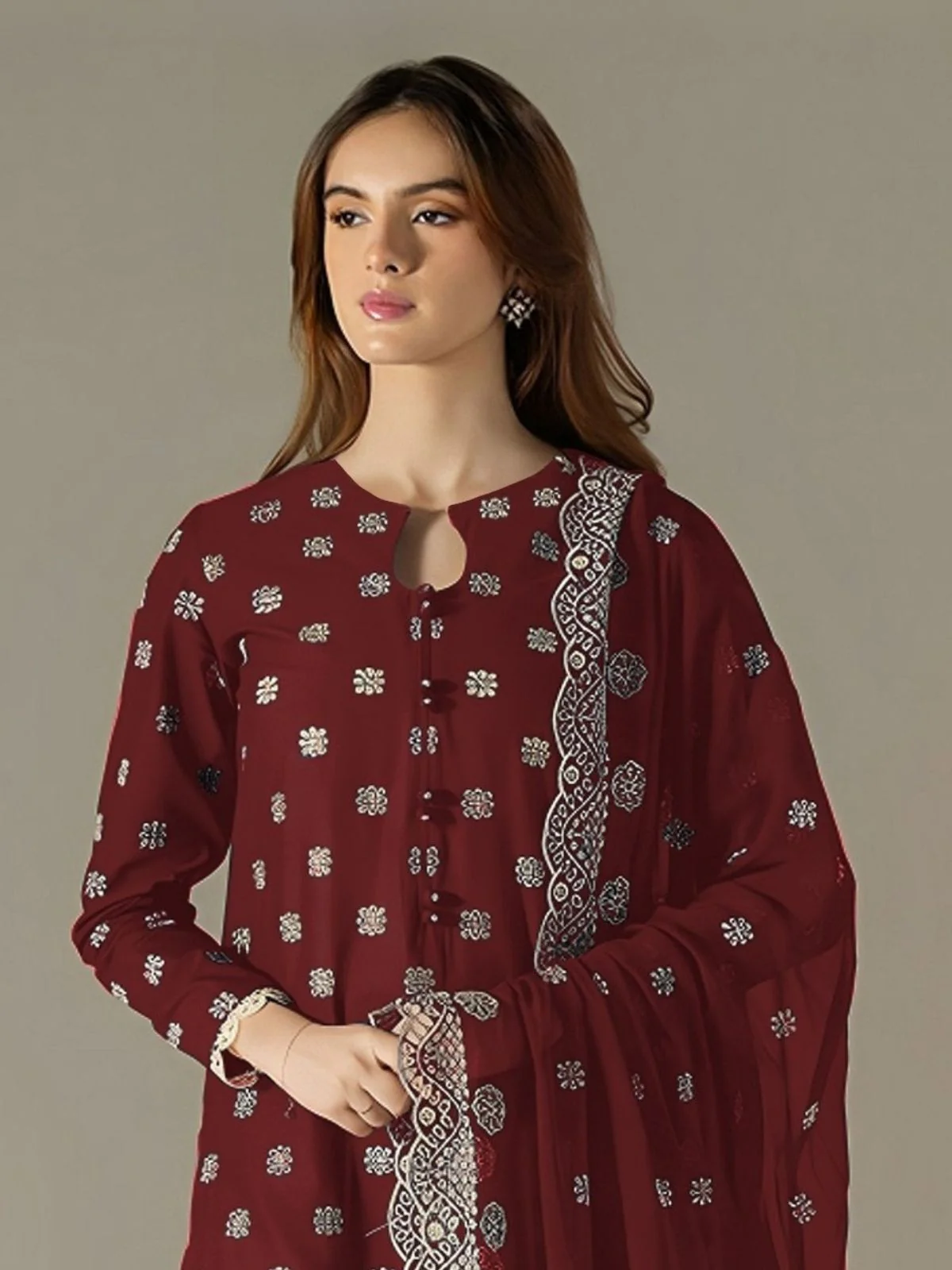 Odette Maroon Georgette Embroidered Semi Stitched Kurta Set For Women - Image 2