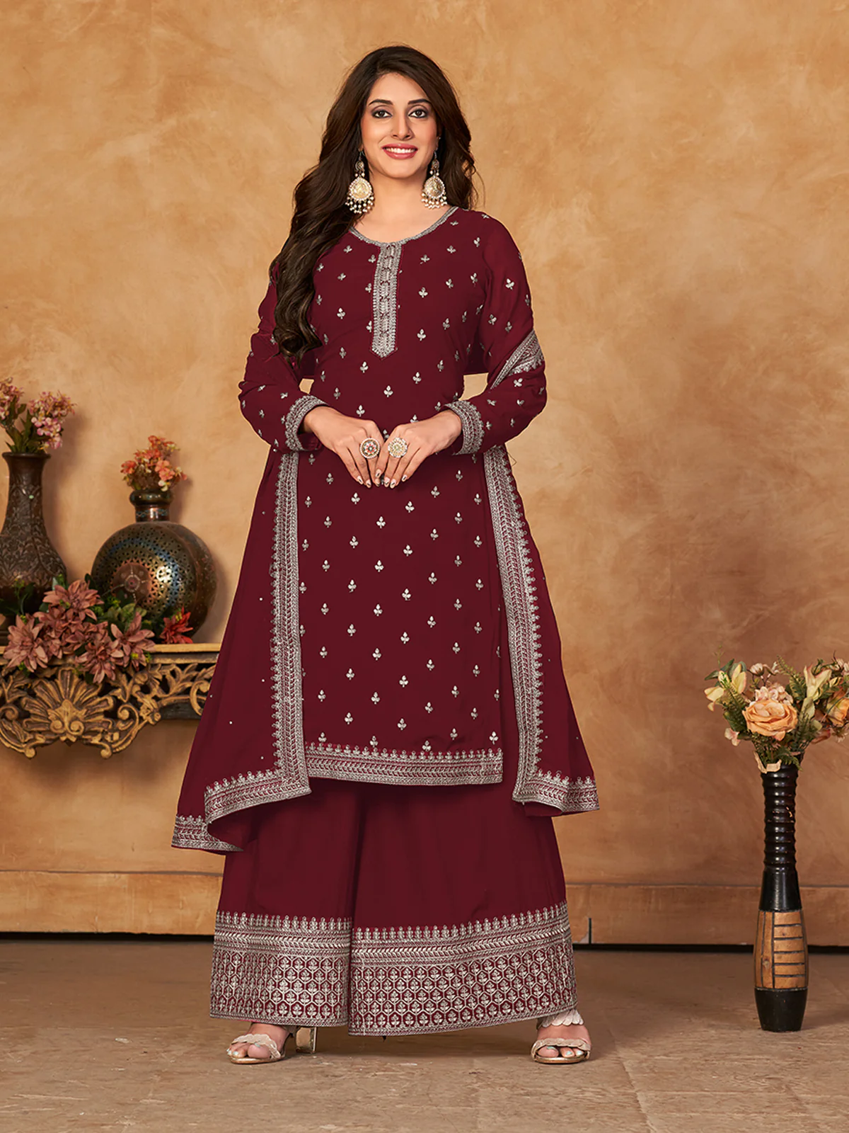 Odette Maroon Georgette Embroidered Semi stitched Kurta Set with Inner For Women - Image 2