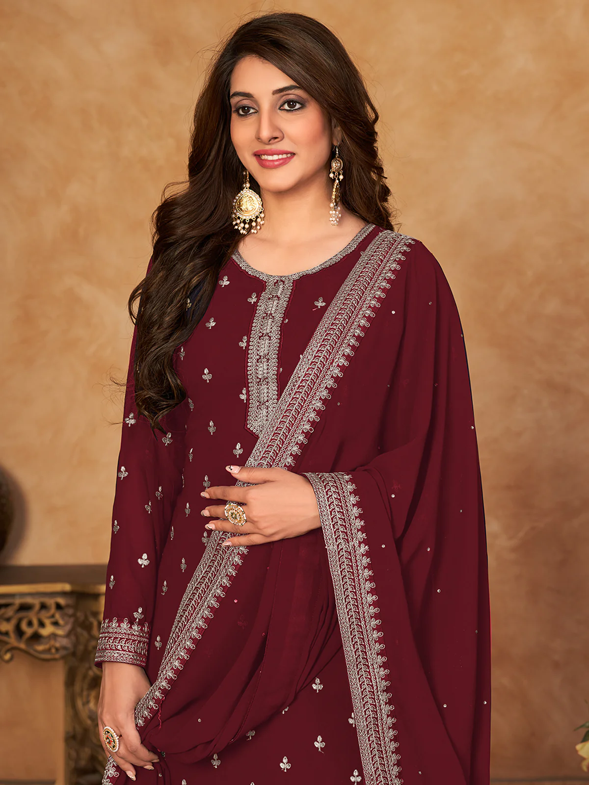 Odette Maroon Georgette Embroidered Semi stitched Kurta Set with Inner For Women - Image 3