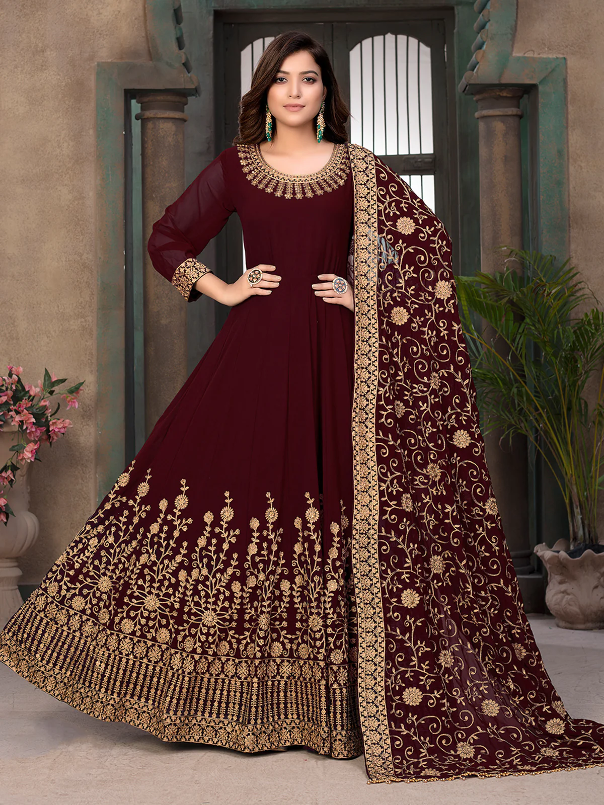 Odette Maroon Georgette Embroidered Semi stitched Kurta Set with Inner For Women - Image 2
