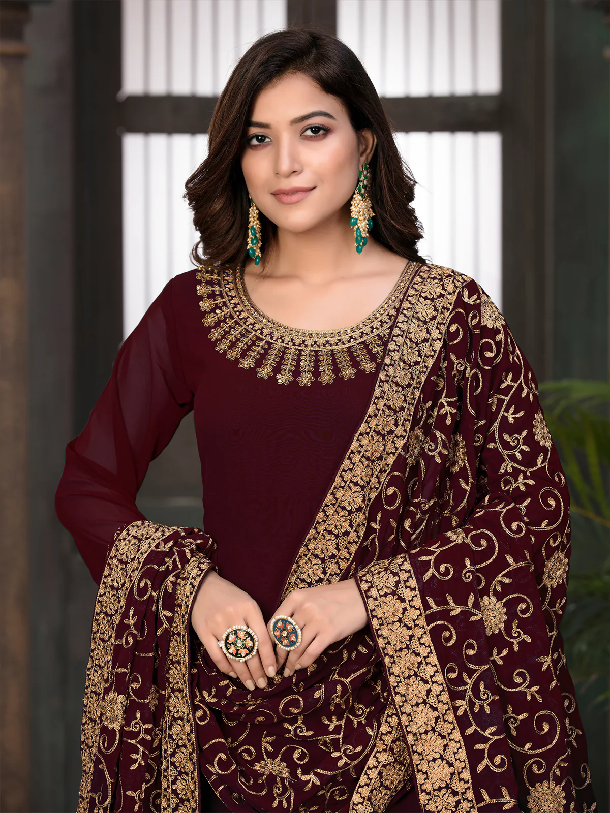 Odette Maroon Georgette Embroidered Semi stitched Kurta Set with Inner For Women - Image 3