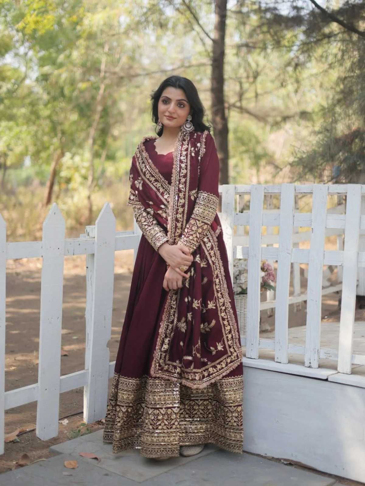 Odette Maroon Georgette Embroidered Stitched Gown With Dupatta For Women - Image 2
