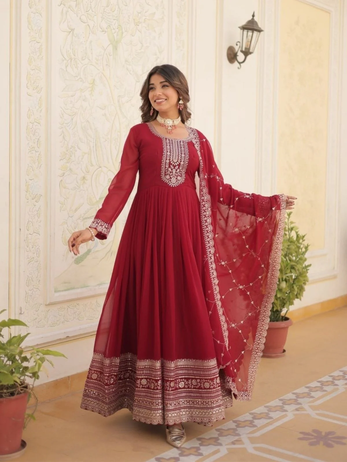 Odette Maroon Georgette  Embroidered Stitched Gown With Dupatta For Women - Image 2