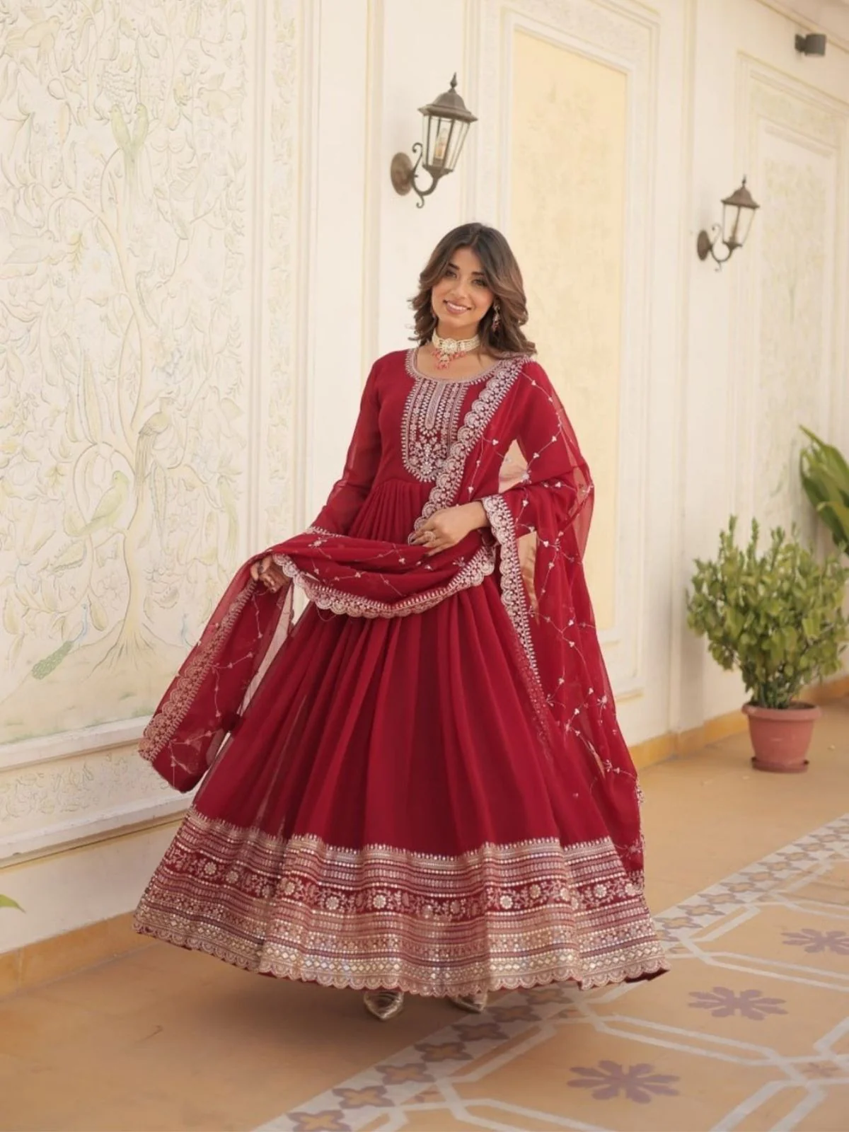 Odette Maroon Georgette  Embroidered Stitched Gown With Dupatta For Women - Image 3
