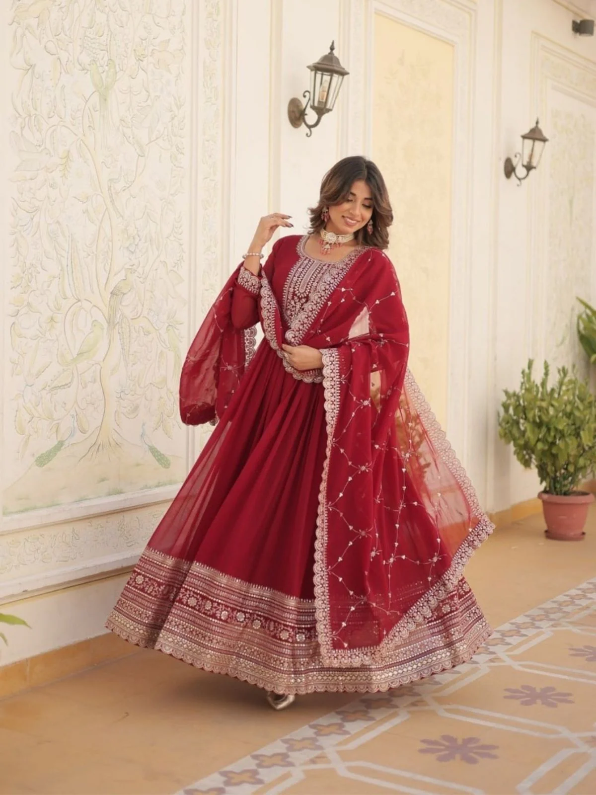 Odette Maroon Georgette  Embroidered Stitched Gown With Dupatta For Women - Image 4