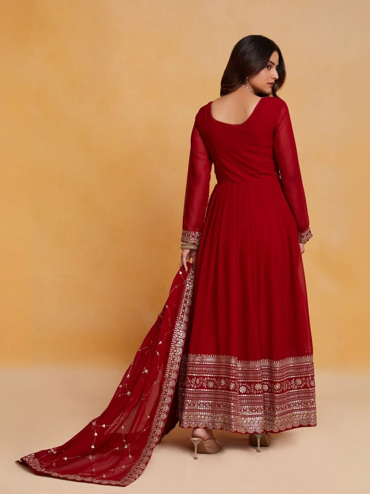 Odette Maroon Georgette  Embroidered Stitched Gown With Dupatta For Women - Image 5