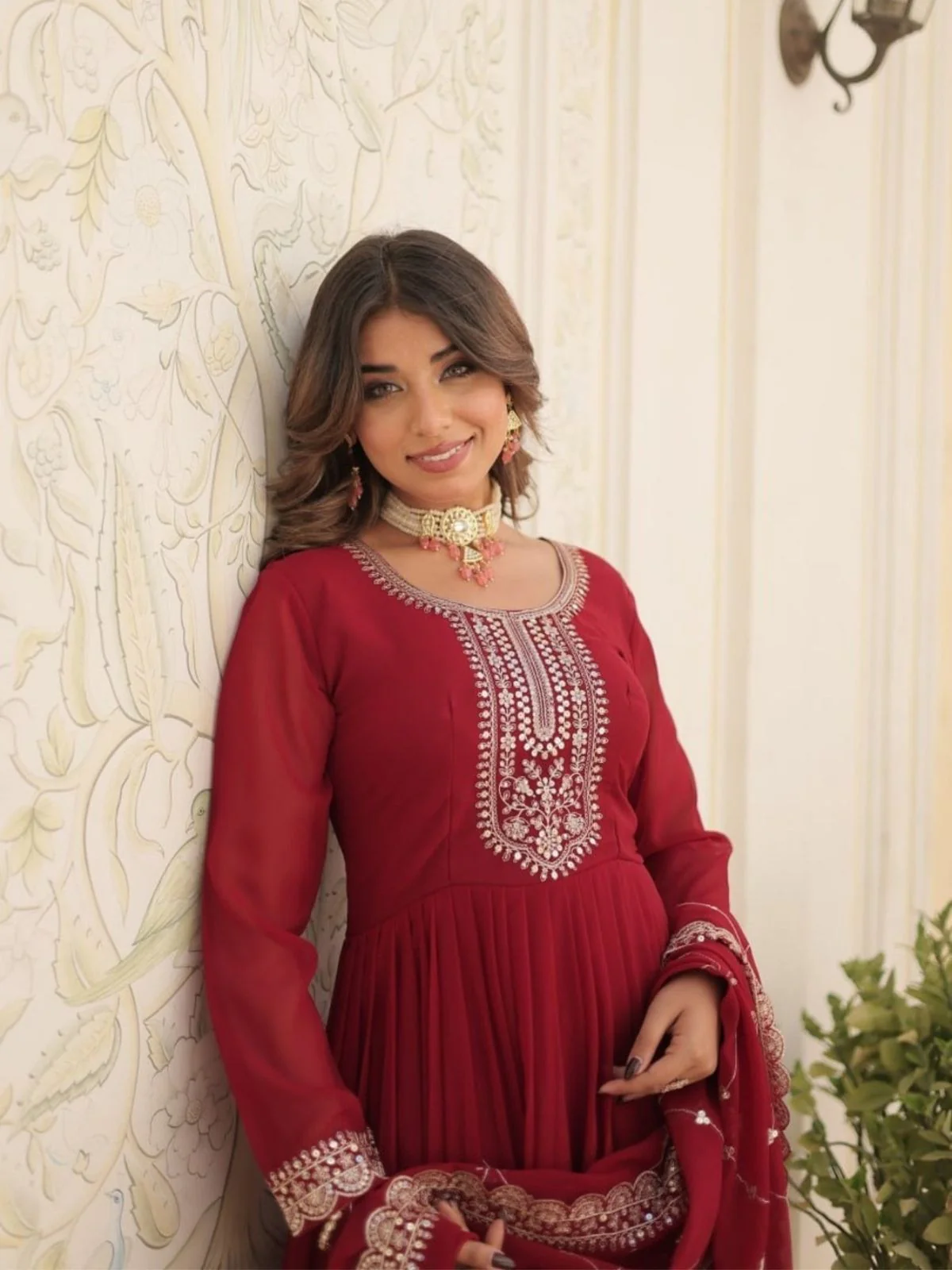 Odette Maroon Georgette  Embroidered Stitched Gown With Dupatta For Women - Image 6