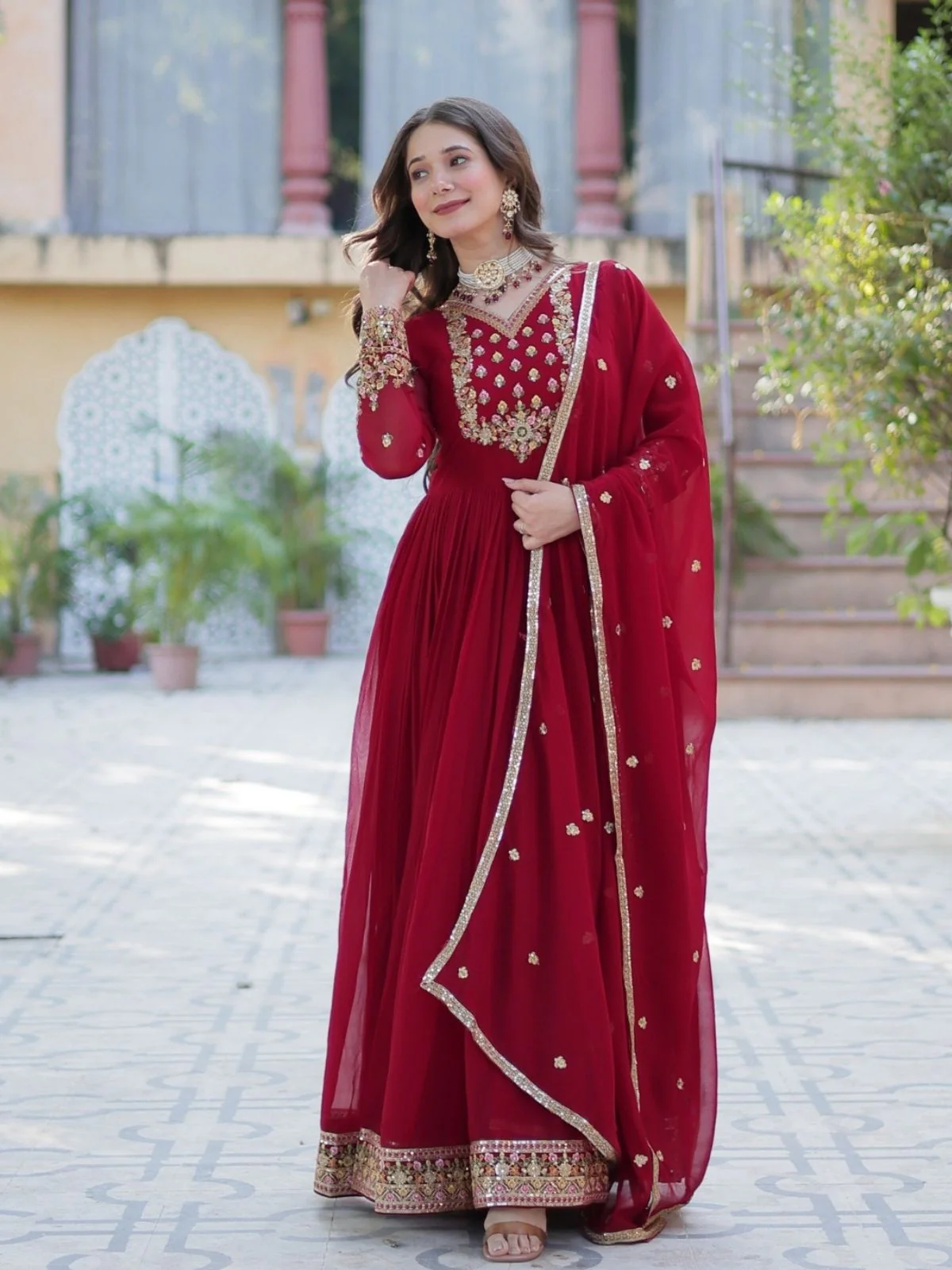 Odette Maroon Georgette Embroidered Stitched Gown With Dupatta For Women - Image 2