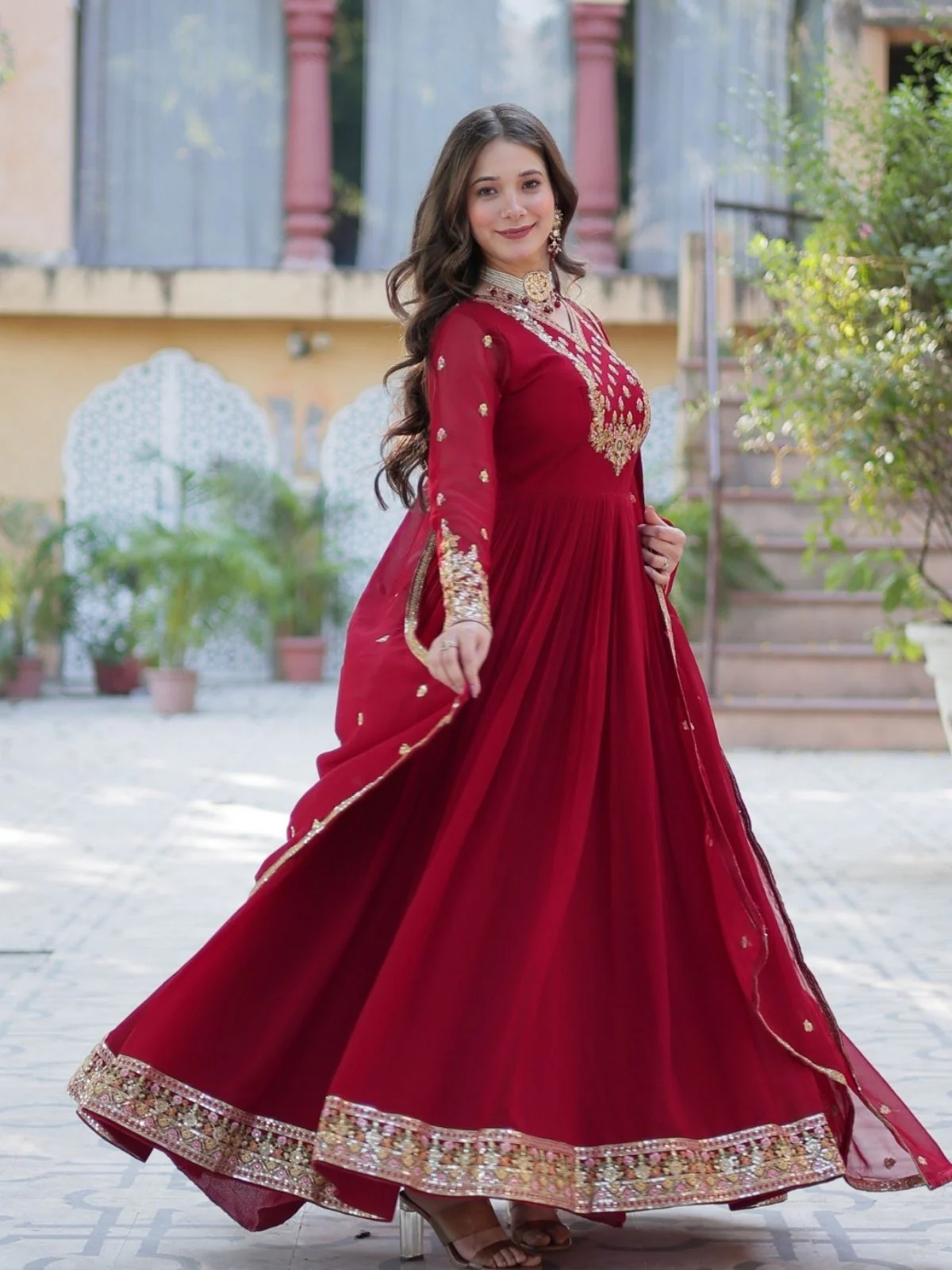 Odette Maroon Georgette Embroidered Stitched Gown With Dupatta For Women - Image 3