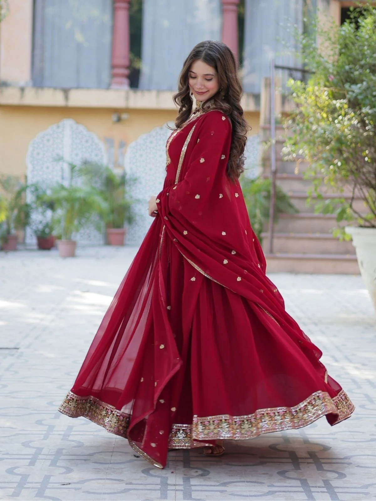 Odette Maroon Georgette Embroidered Stitched Gown With Dupatta For Women - Image 4