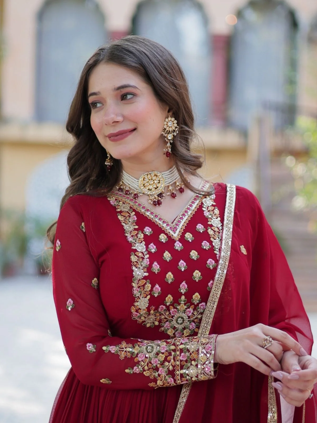 Odette Maroon Georgette Embroidered Stitched Gown With Dupatta For Women - Image 6