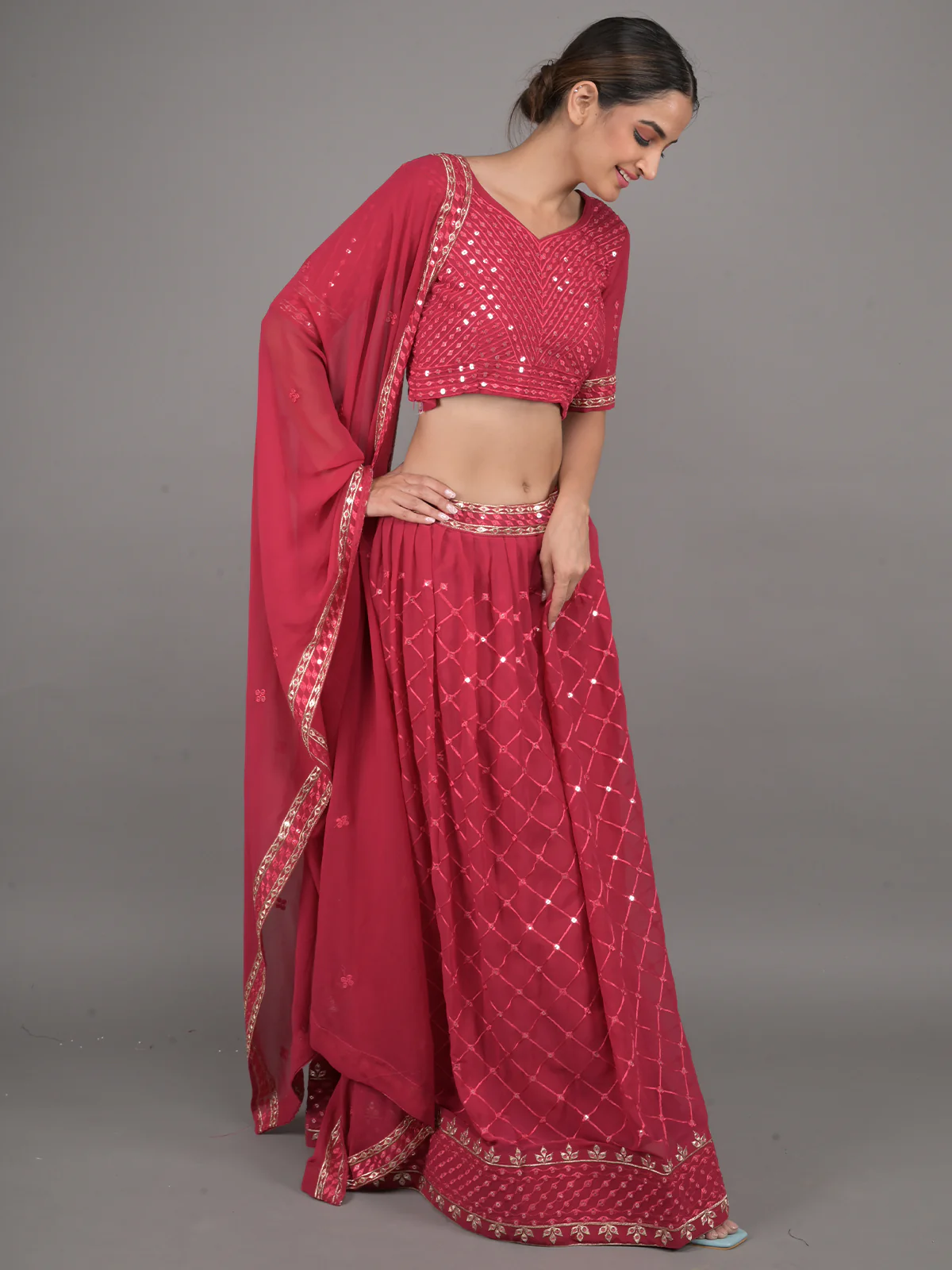 Odette Maroon Georgette Embroidered Stitched Lehenga Set For Women - Image 2