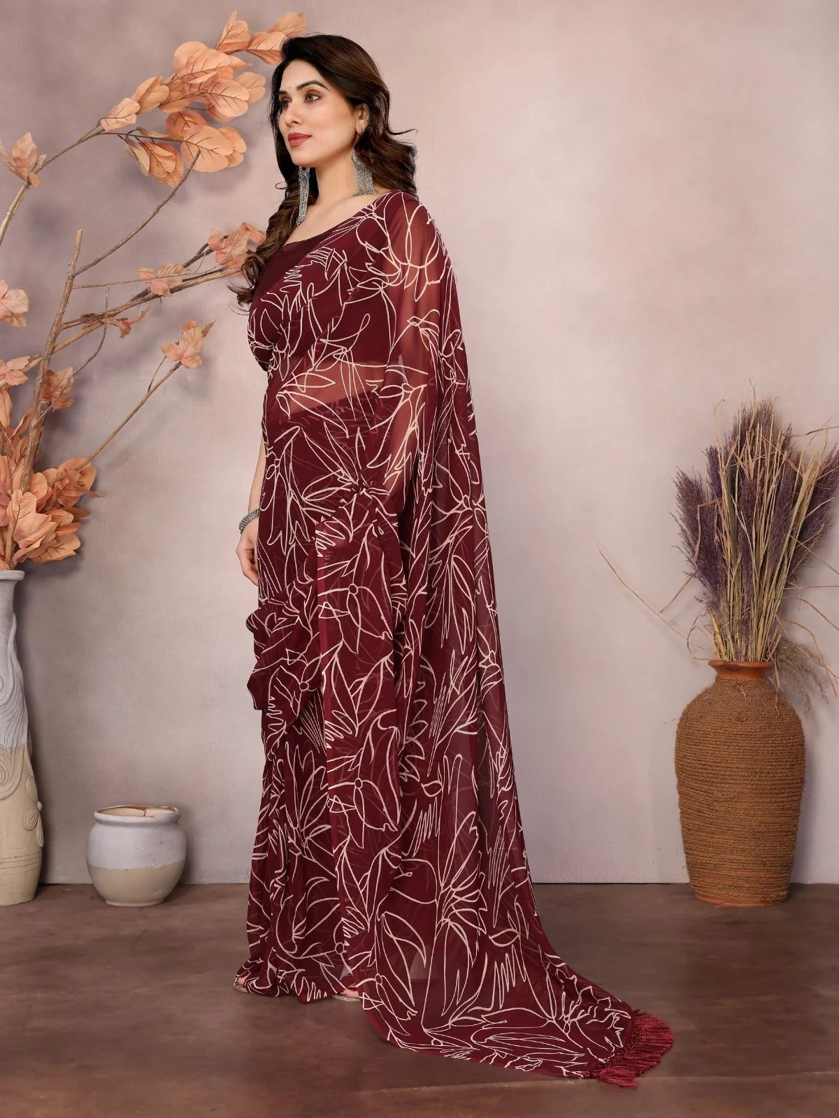 Odette Maroon Georgette Printed Saree With Unstitched Blouse For Women - Image 2