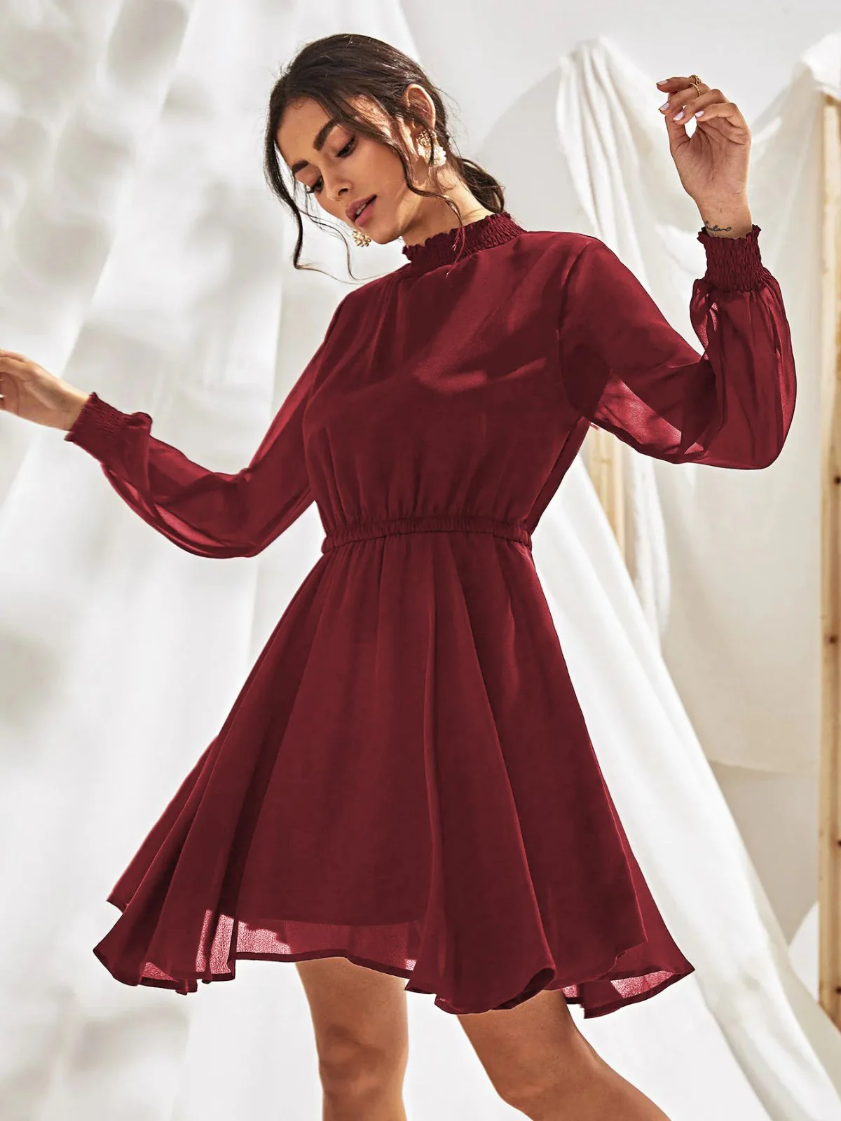 Odette Maroon Georgette Solid Dress For Women - Image 2