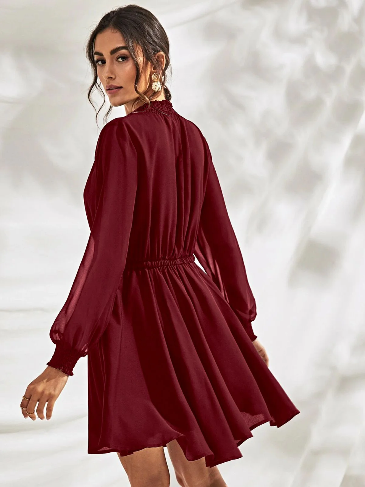 Odette Maroon Georgette Solid Dress For Women - Image 4