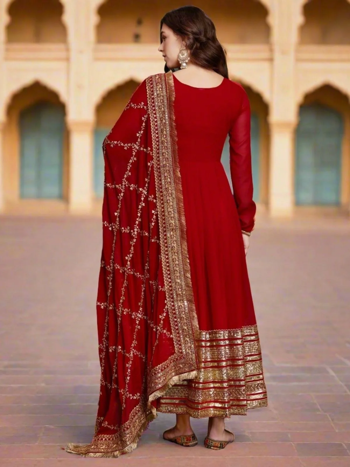 Odette Maroon Georgette Stitched Gown With Dupatta For Women - Image 5