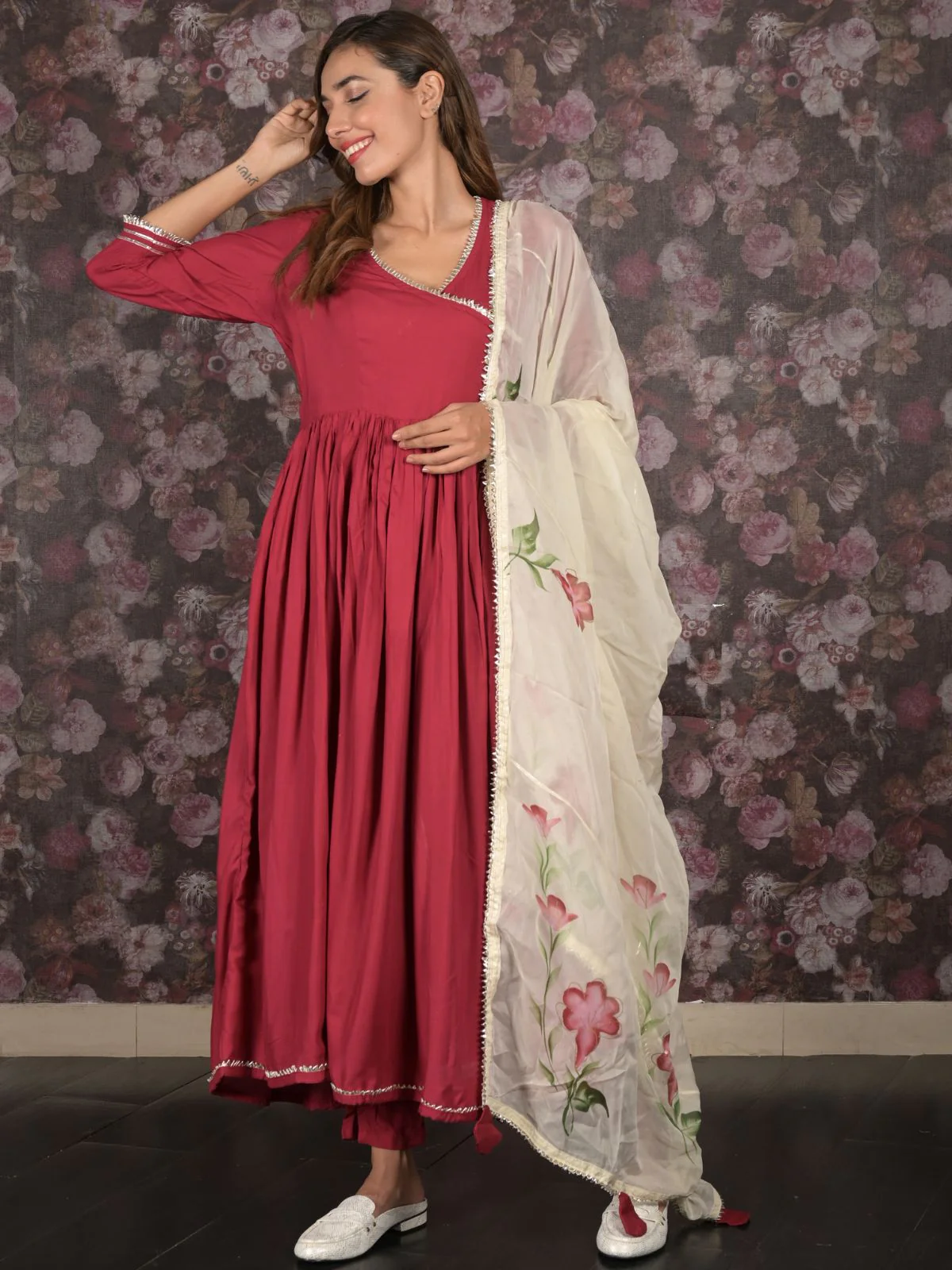 Odette Maroon Long Stitched Kurta Set With Dupatta For Women - Image 3