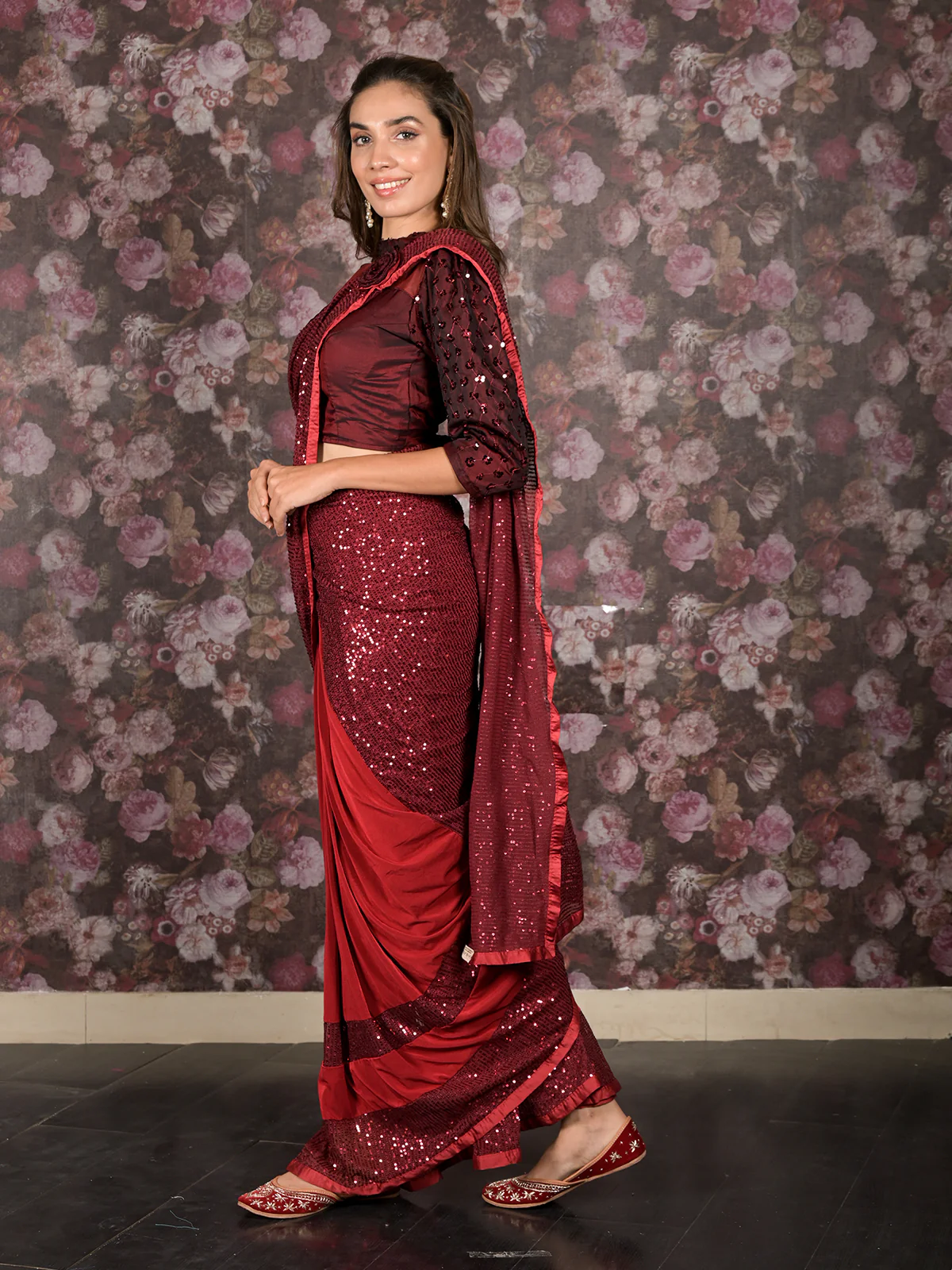 Odette Maroon Lycra Sequins Ready-to-Wear Saree with Stitched Blouse for Women - Image 4