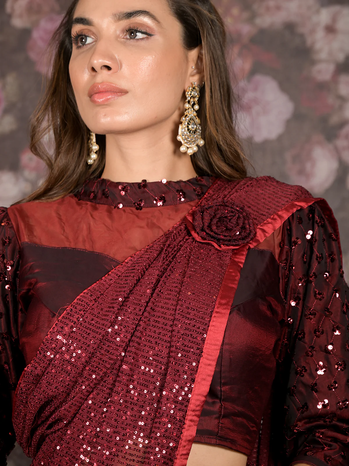 Odette Maroon Lycra Sequins Ready-to-Wear Saree with Stitched Blouse for Women - Image 6