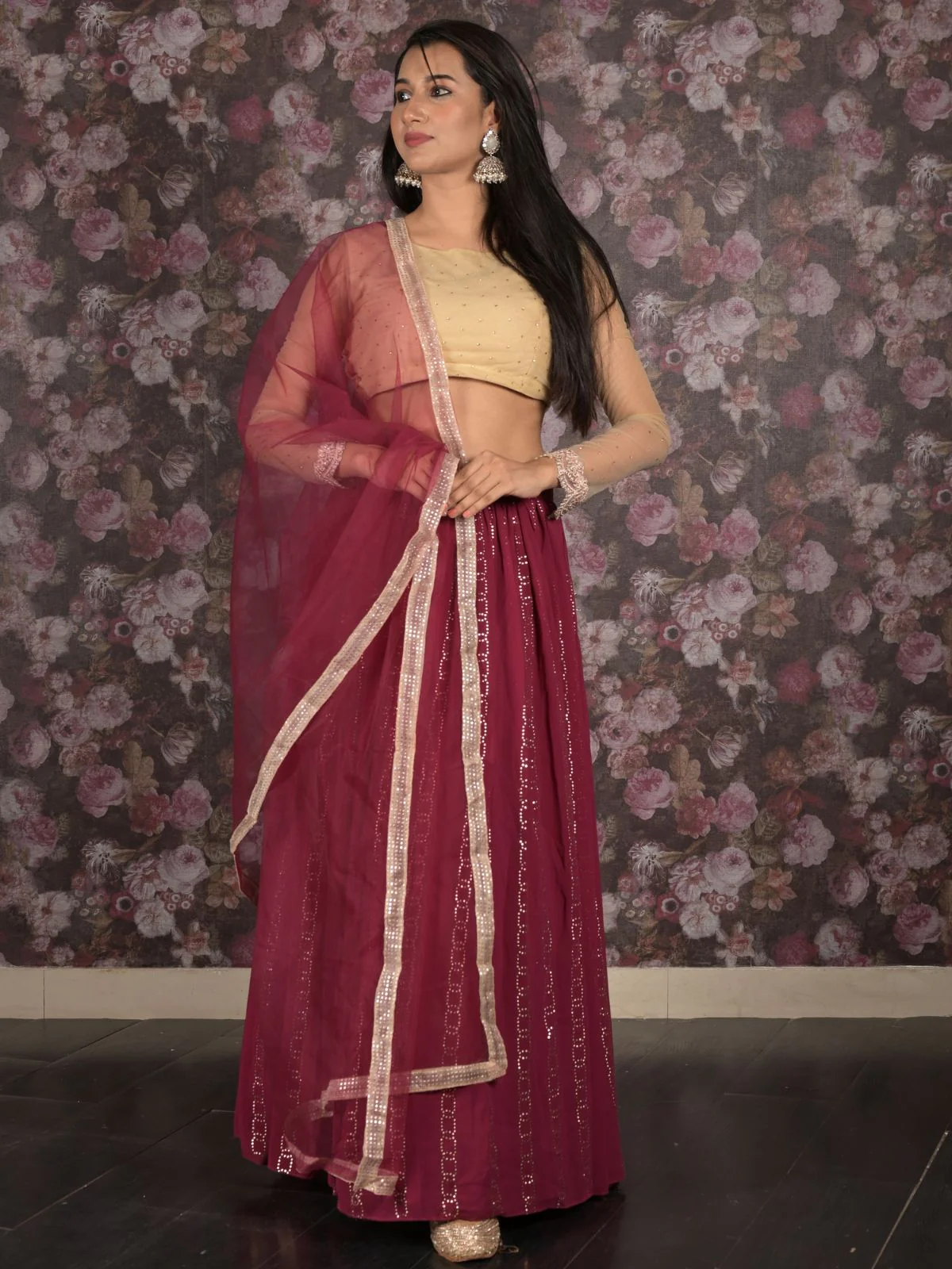 Odette Maroon Maukaish Embellieshed Semi Stitched Lehenga Set With Dupatta And Unstitched Blouse For Women - Image 2