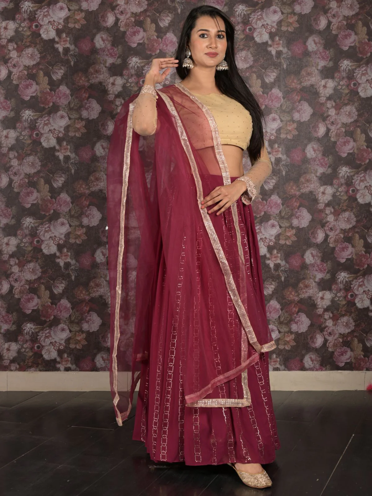 Odette Maroon Maukaish Embellieshed Semi Stitched Lehenga Set With Dupatta And Unstitched Blouse For Women - Image 3