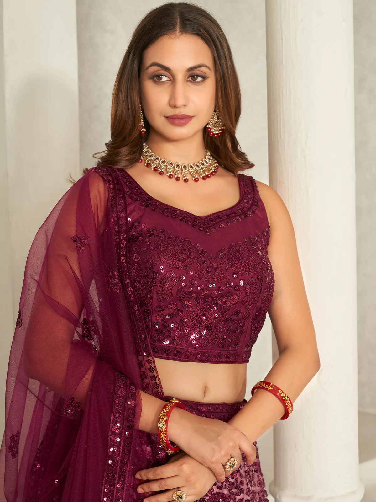 Odette Maroon Net Embellished Semi Stitched Lehenga With Unstitched Blouse for Women - Image 4
