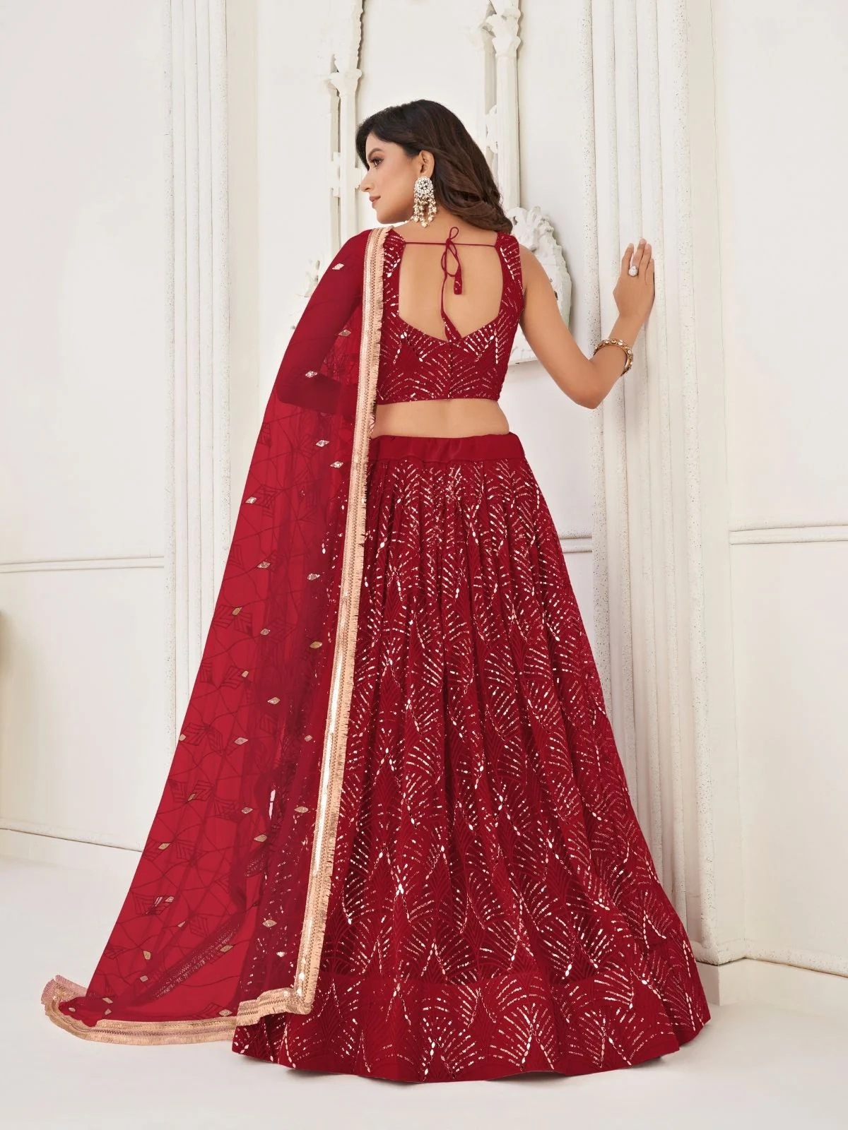 Odette Maroon Net Embroidered Semi Stitched Lehenga For Women - Image 3