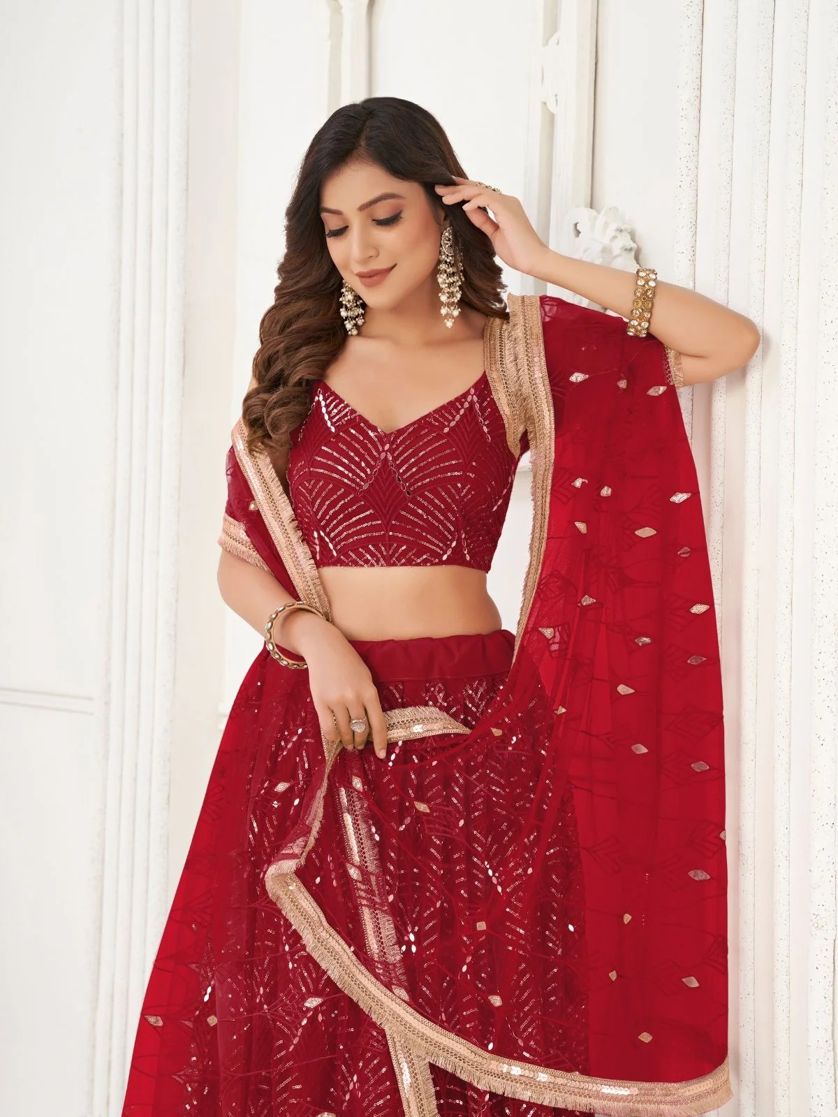 Odette Maroon Net Embroidered Semi Stitched Lehenga For Women - Image 4