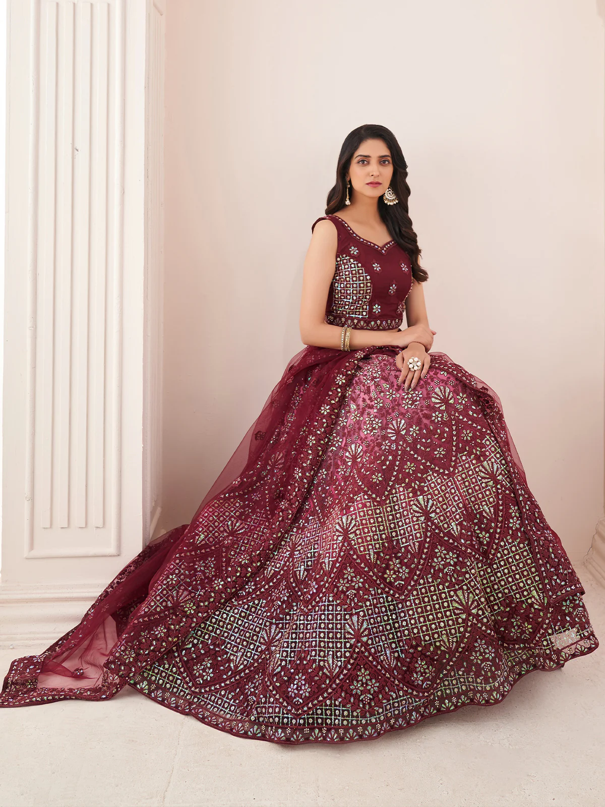 Odette Maroon Net Embroidered Semi Stitched Lehenga With Unstitched Blouse for Women - Image 2