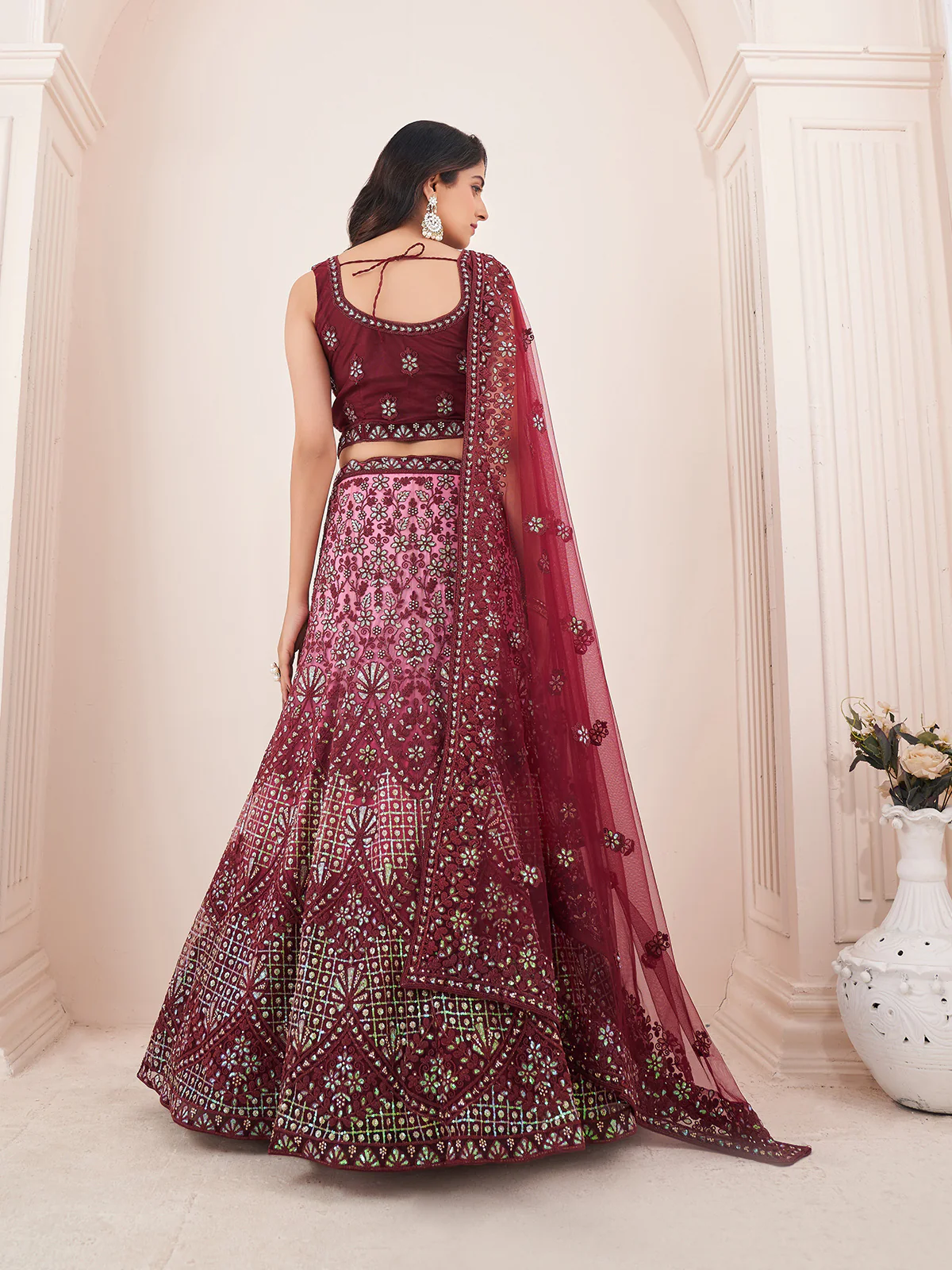 Odette Maroon Net Embroidered Semi Stitched Lehenga With Unstitched Blouse for Women - Image 3