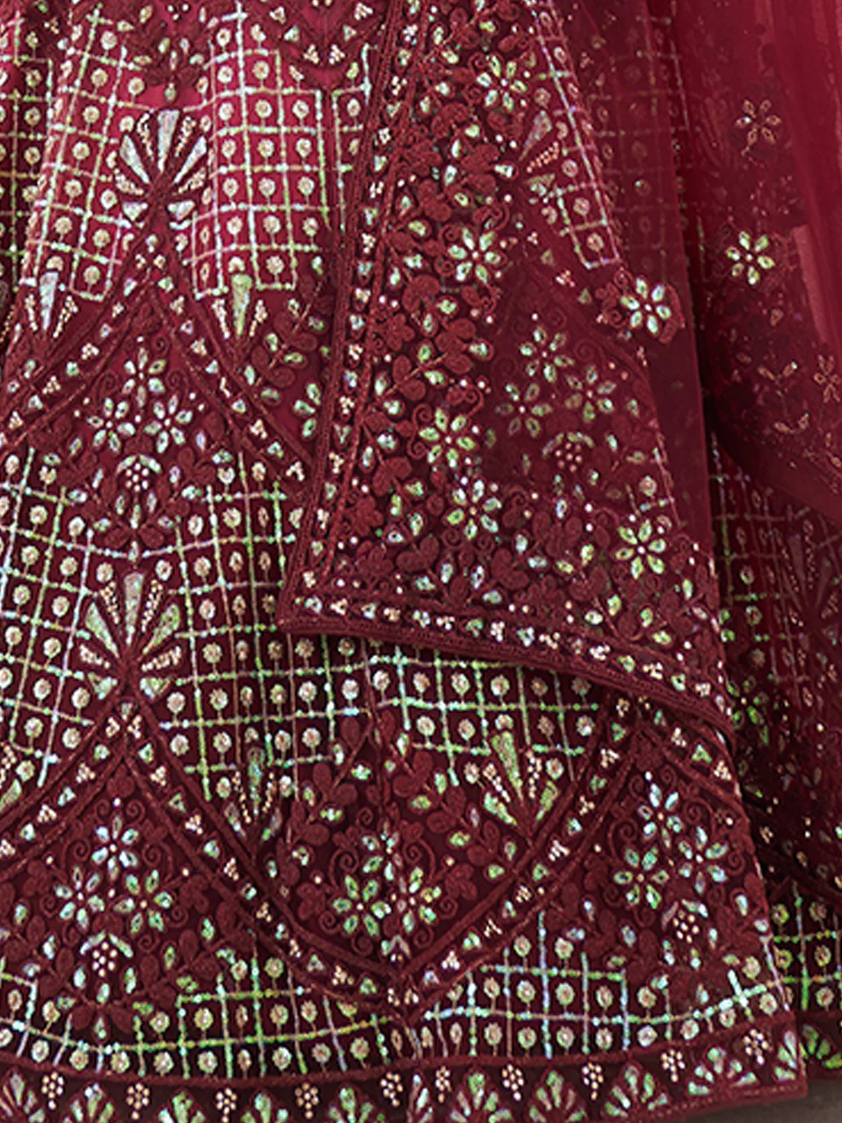 Odette Maroon Net Embroidered Semi Stitched Lehenga With Unstitched Blouse for Women - Image 5