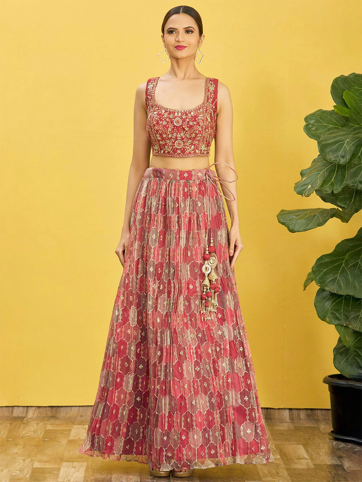 Odette Maroon Organza Embellished Semi Stitched Lehenga With Unstitched Blouse For Women - Image 2