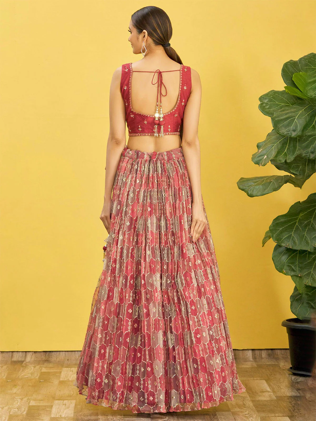 Odette Maroon Organza Embellished Semi Stitched Lehenga With Unstitched Blouse For Women - Image 4