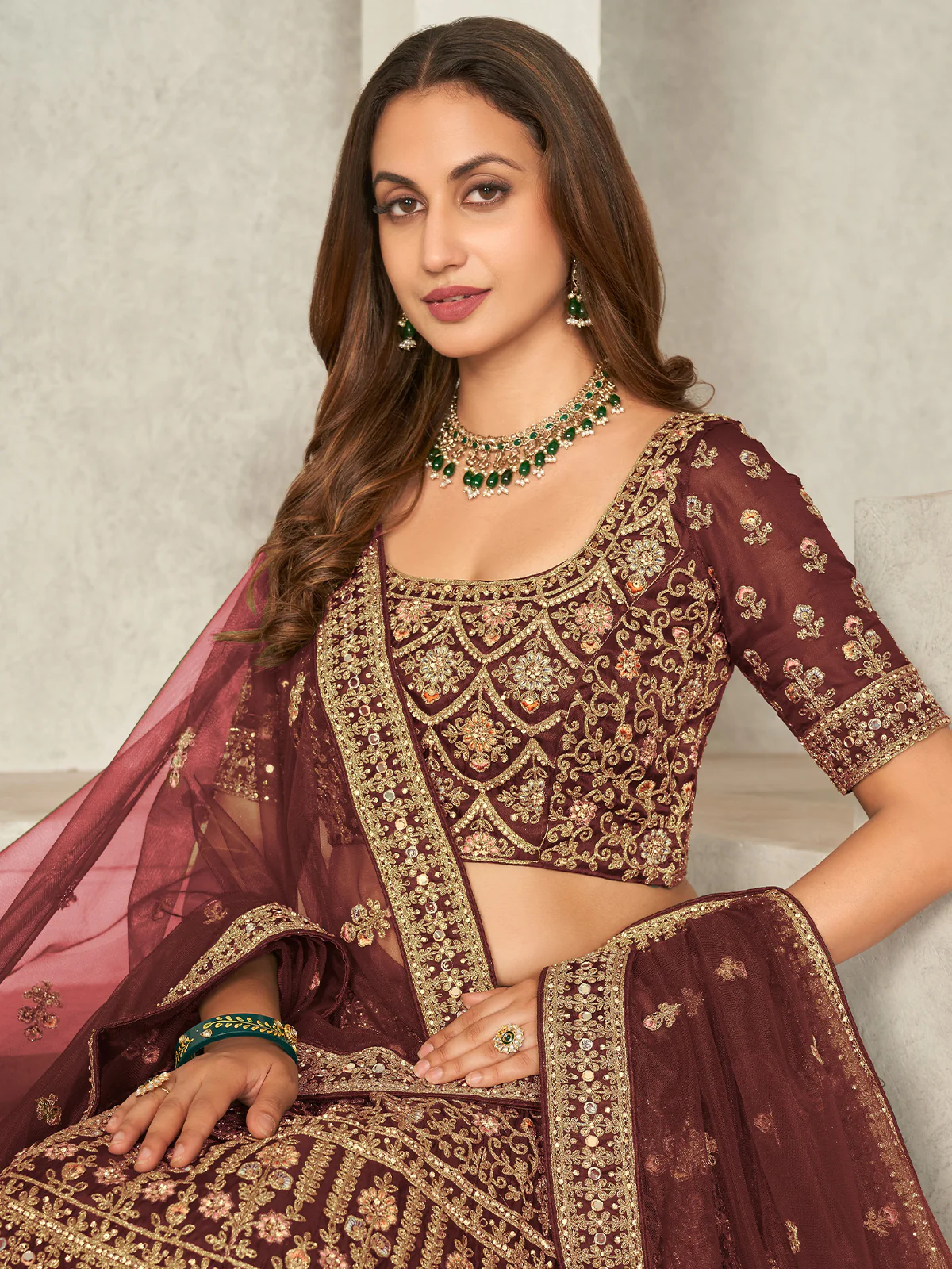 Odette Maroon Organza Blend Embroidered Semi Stitched Lehenga With Unstitched Blouse for Women - Image 4