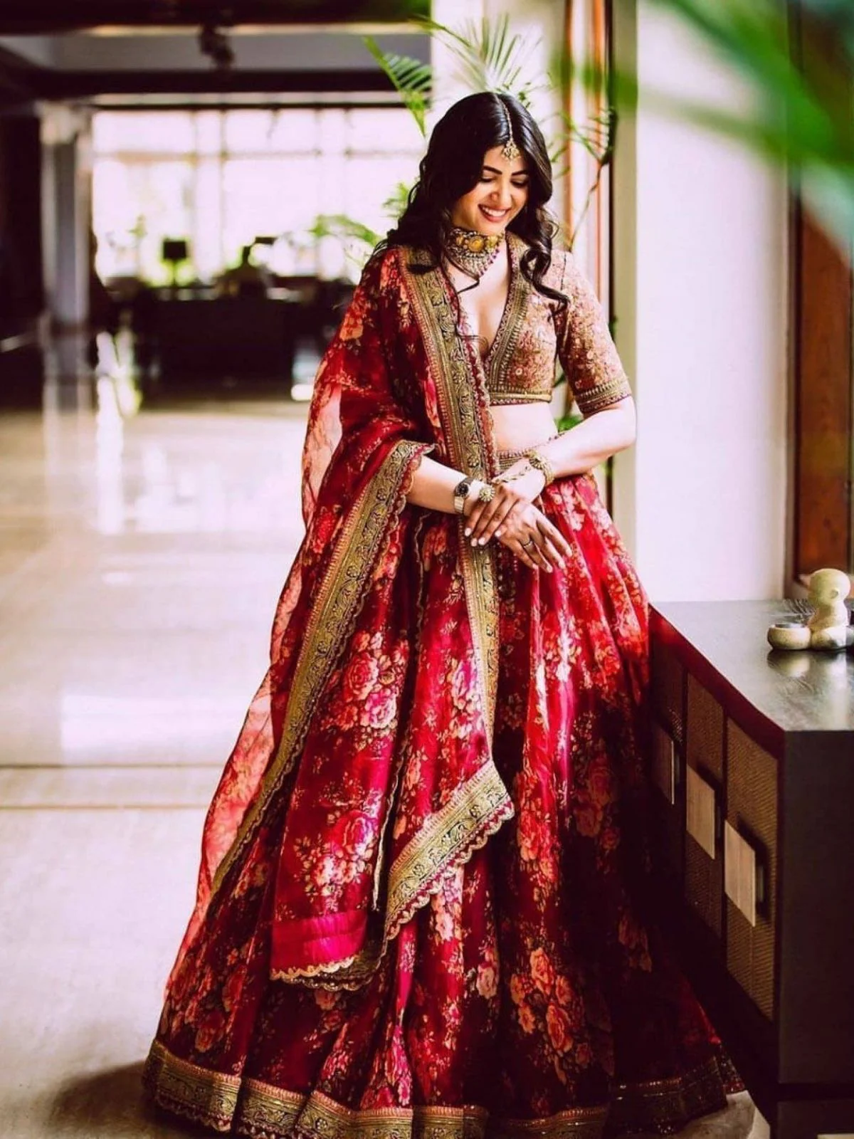 Odette Maroon Organza Printed Semi-Stitched lehenga For Women - Image 3