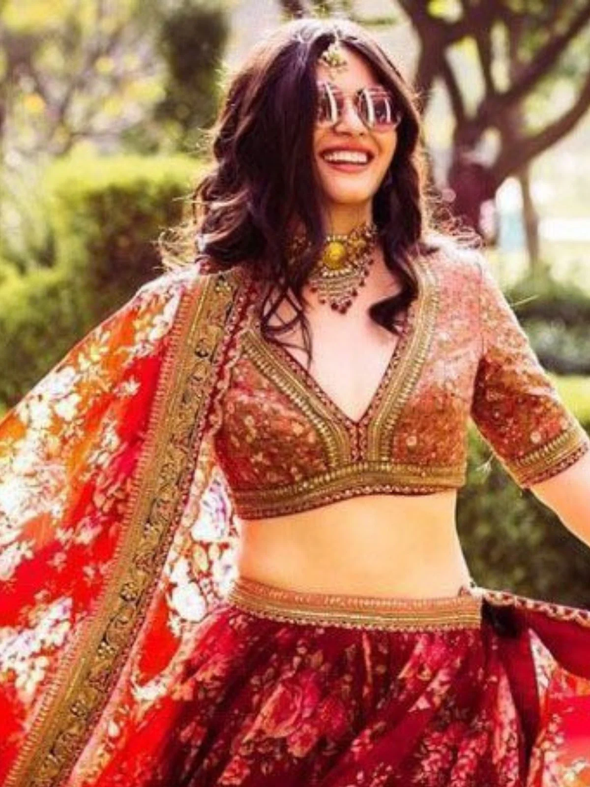 Odette Maroon Organza Printed Semi-Stitched lehenga For Women - Image 5