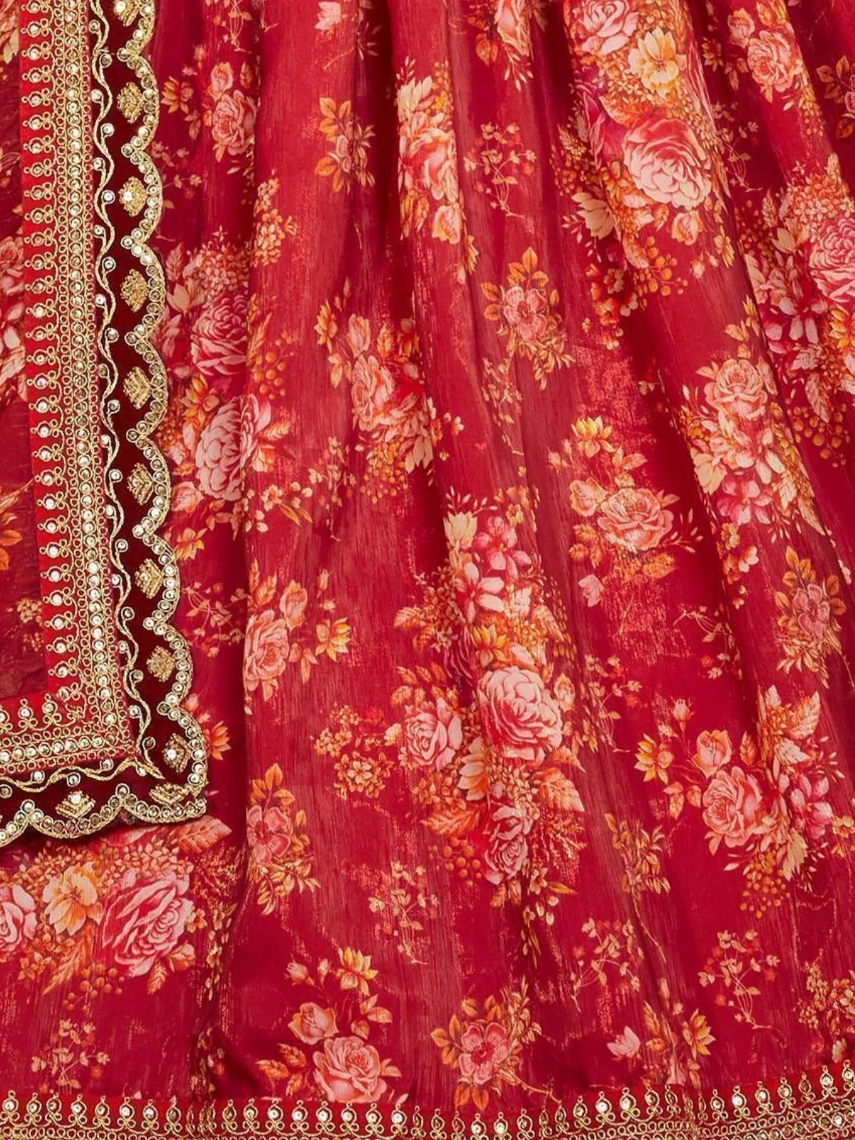 Odette Maroon Organza Printed Semi-Stitched lehenga For Women - Image 6