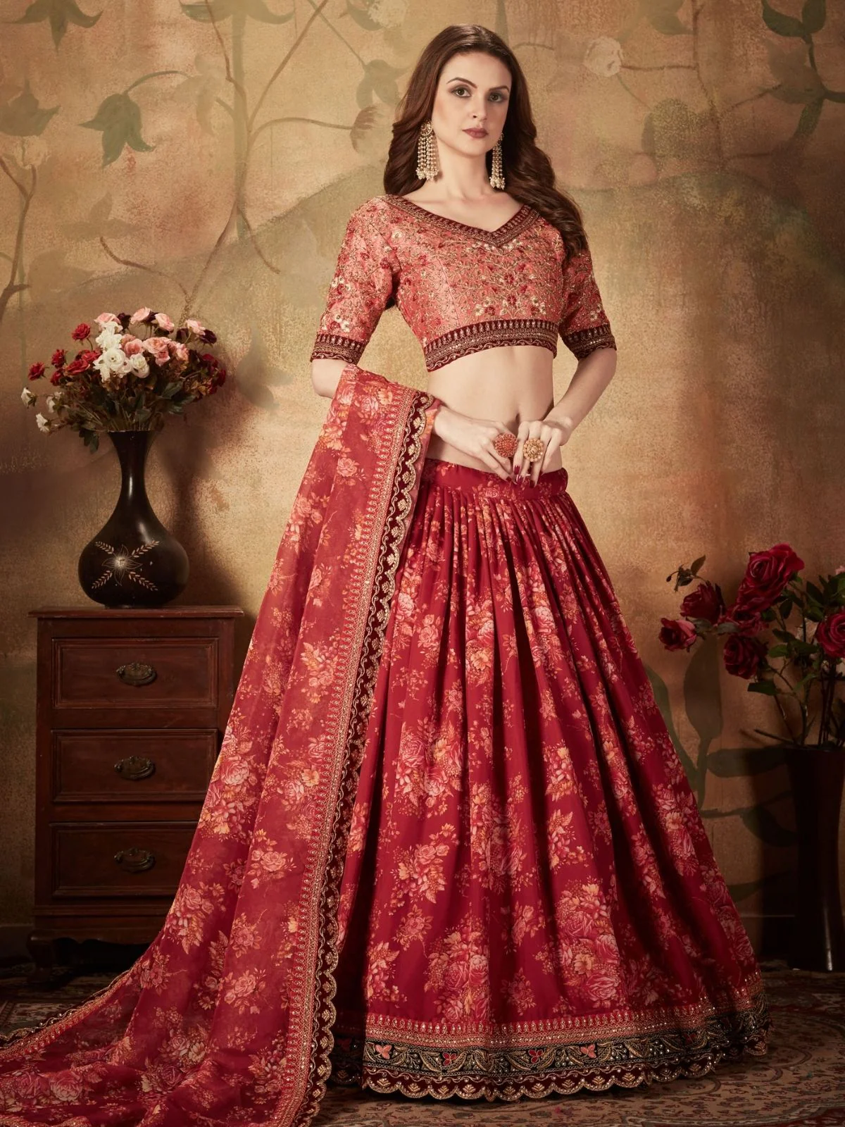Odette Maroon Organza Printed Semi Stitched Lehenga With Unstitched Blouse For Women - Image 3