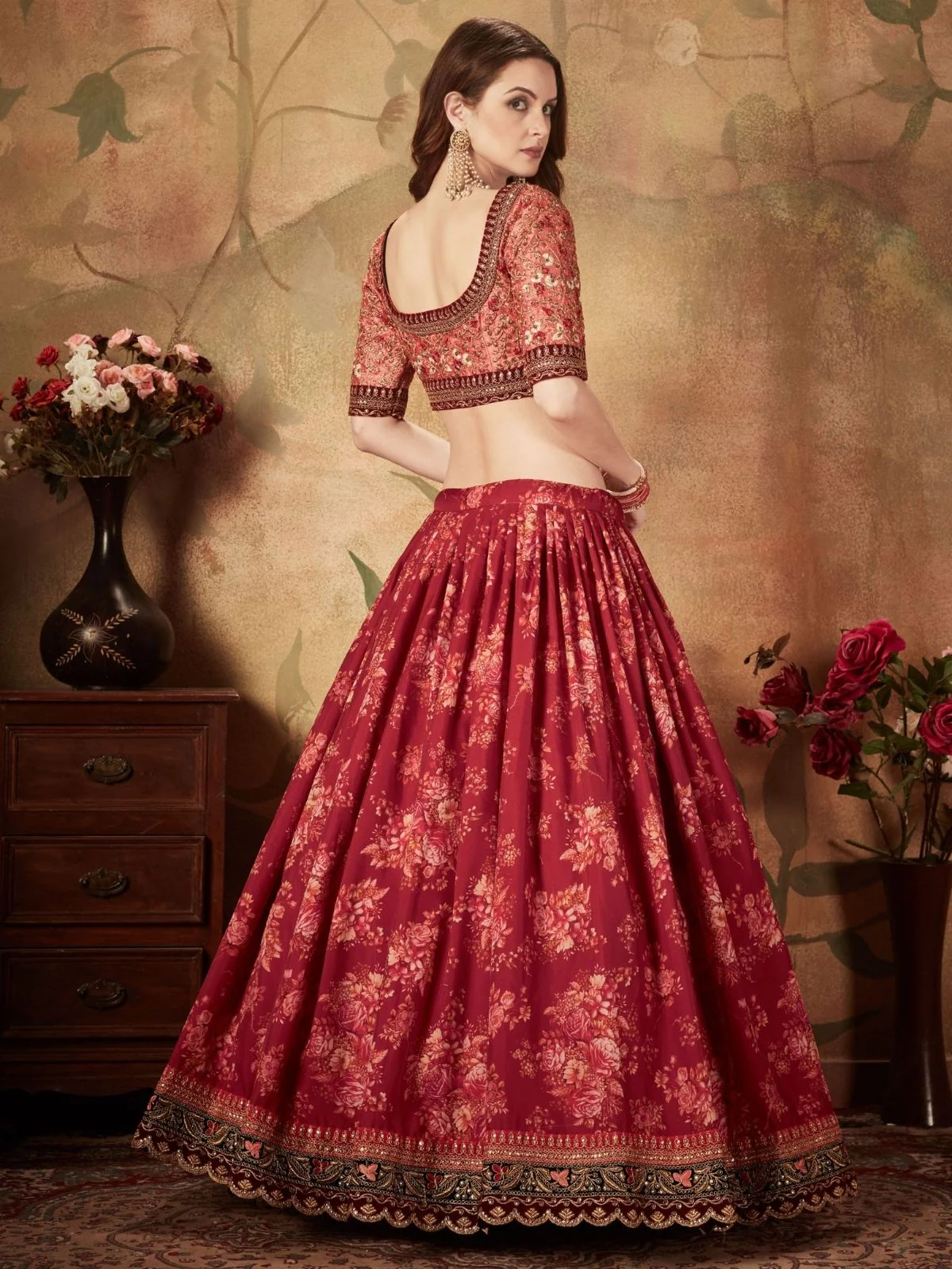 Odette Maroon Organza Printed Semi Stitched Lehenga With Unstitched Blouse For Women - Image 4