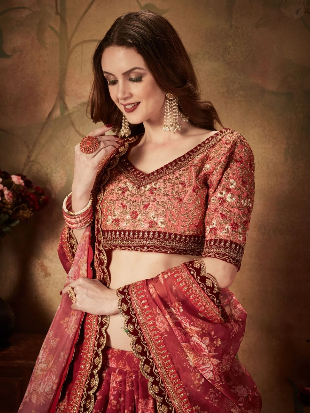 Odette Maroon Organza Printed Semi Stitched Lehenga With Unstitched Blouse For Women - Image 5