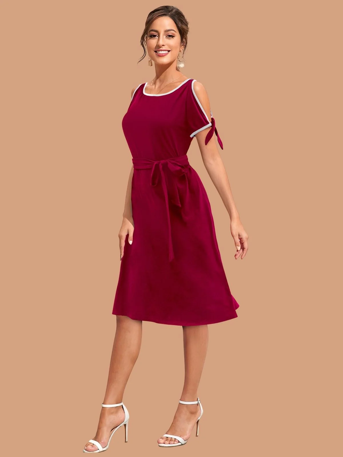 Odette Maroon Polyester Blend Solid Dress For Women - Image 2